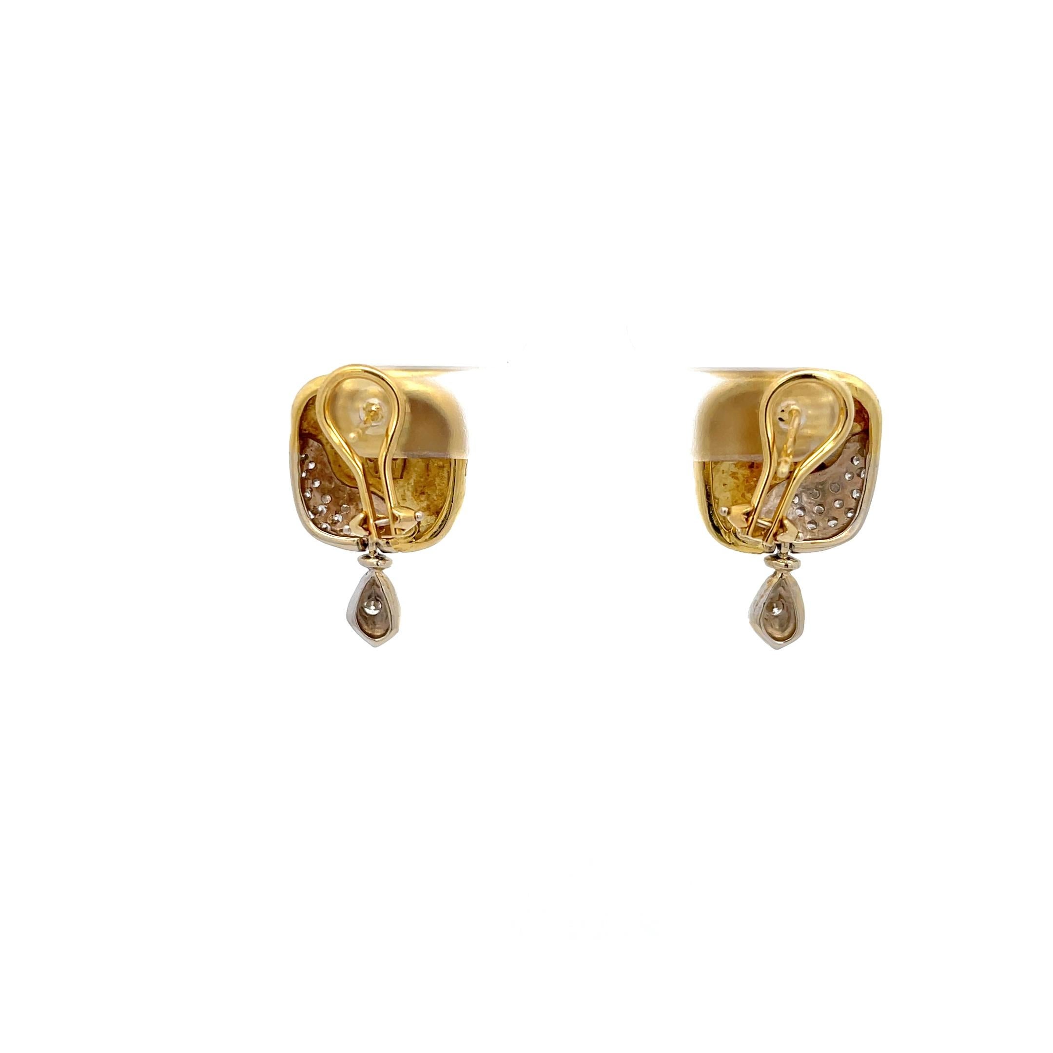 Round Cut Seidengang Square Dangle Diamond Earrings 18K Yellow & White Gold For Sale