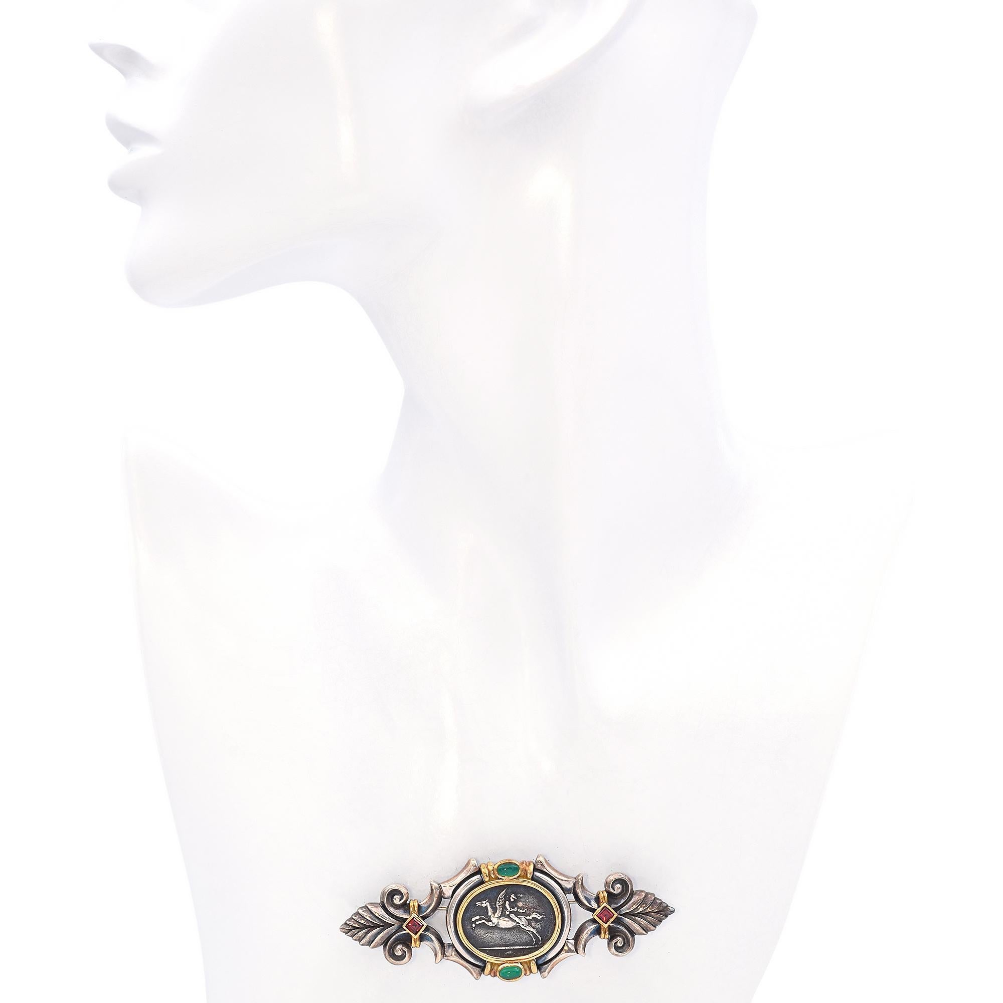 Cabochon SeidenGang Sterling Silver and 18K Gold Pegasus Garnet and Chrysoprase Brooch For Sale