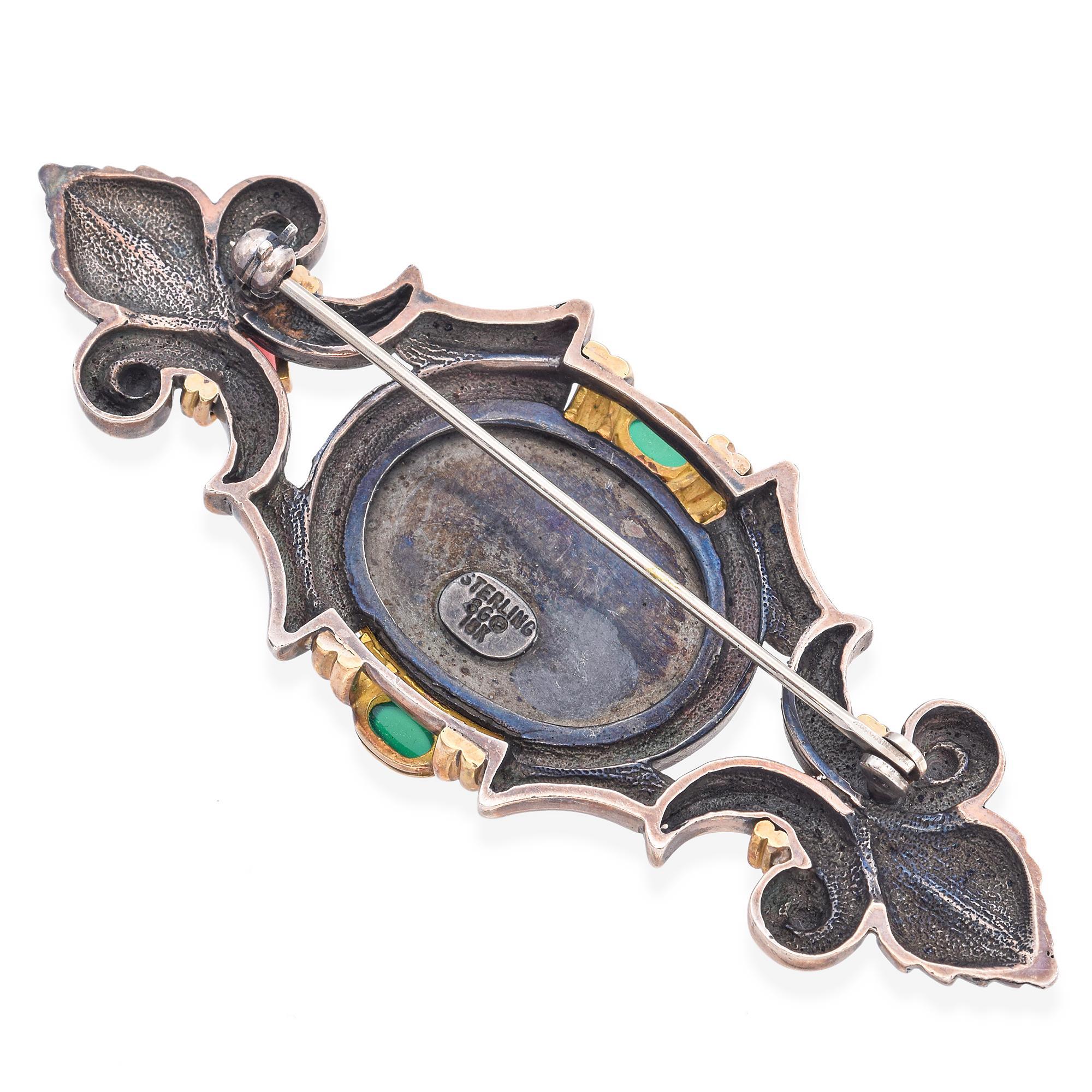 SeidenGang Sterling Silver and 18K Gold Pegasus Garnet and Chrysoprase Brooch In Good Condition For Sale In New York, NY
