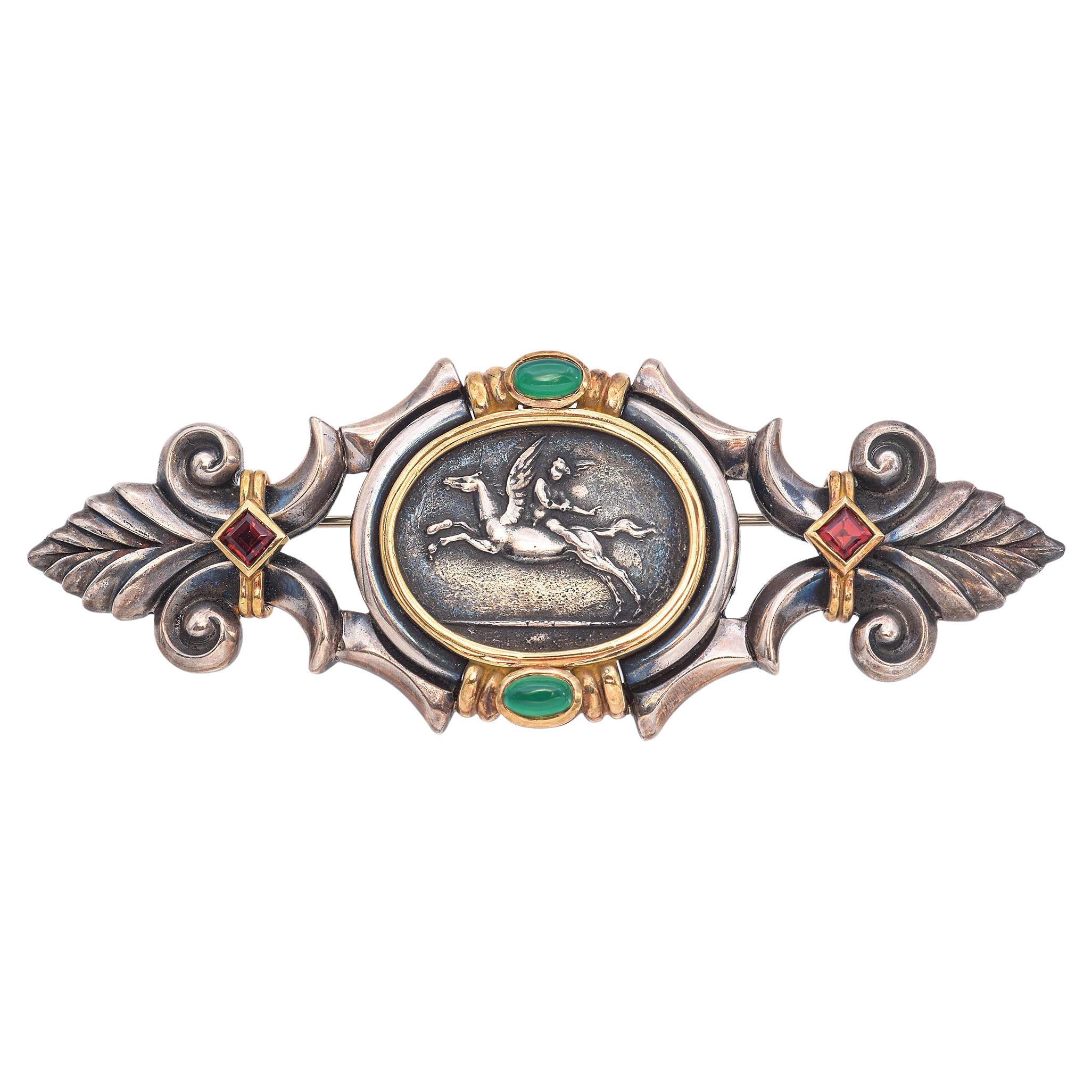 SeidenGang Sterling Silver and 18K Gold Pegasus Garnet and Emerald Brooch