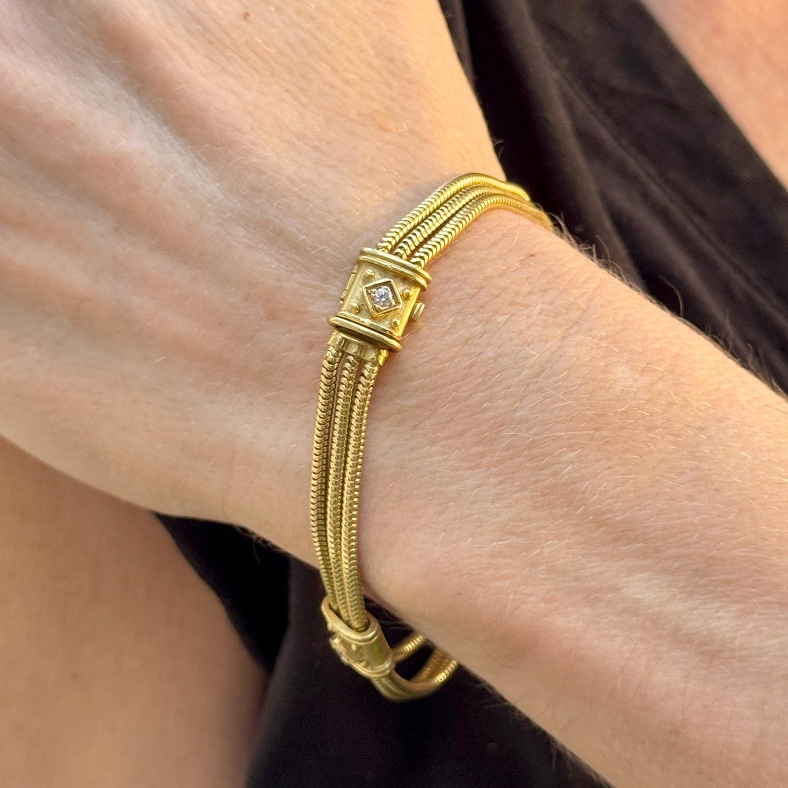 Round Cut SeidenGang Three Row Diamond 18 Karat Yellow Gold Snake Chain Bracelet