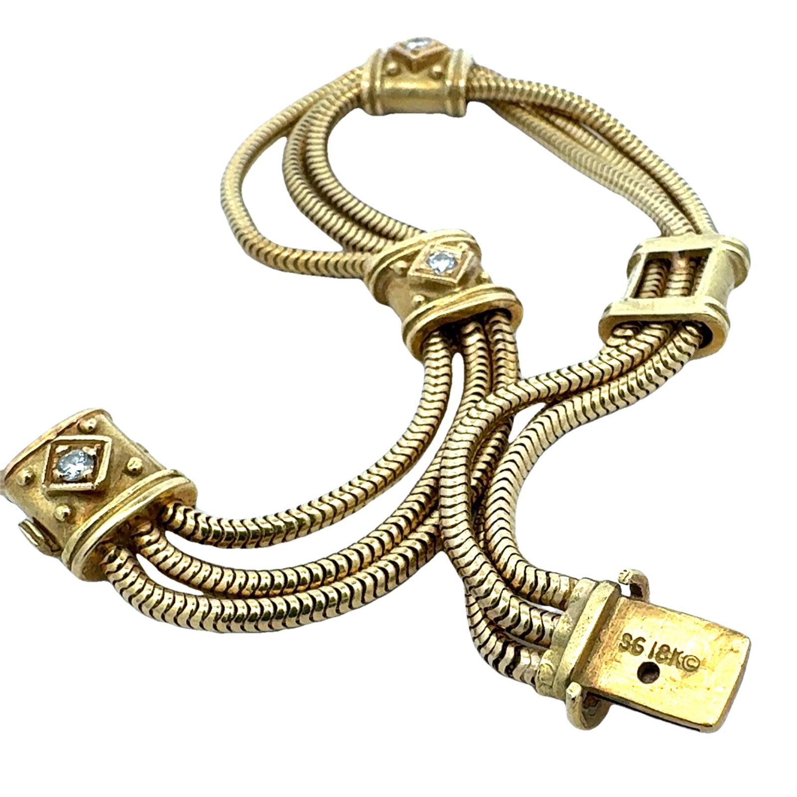 SeidenGang Three Row Diamond 18 Karat Yellow Gold Snake Chain Bracelet In Excellent Condition In Boca Raton, FL