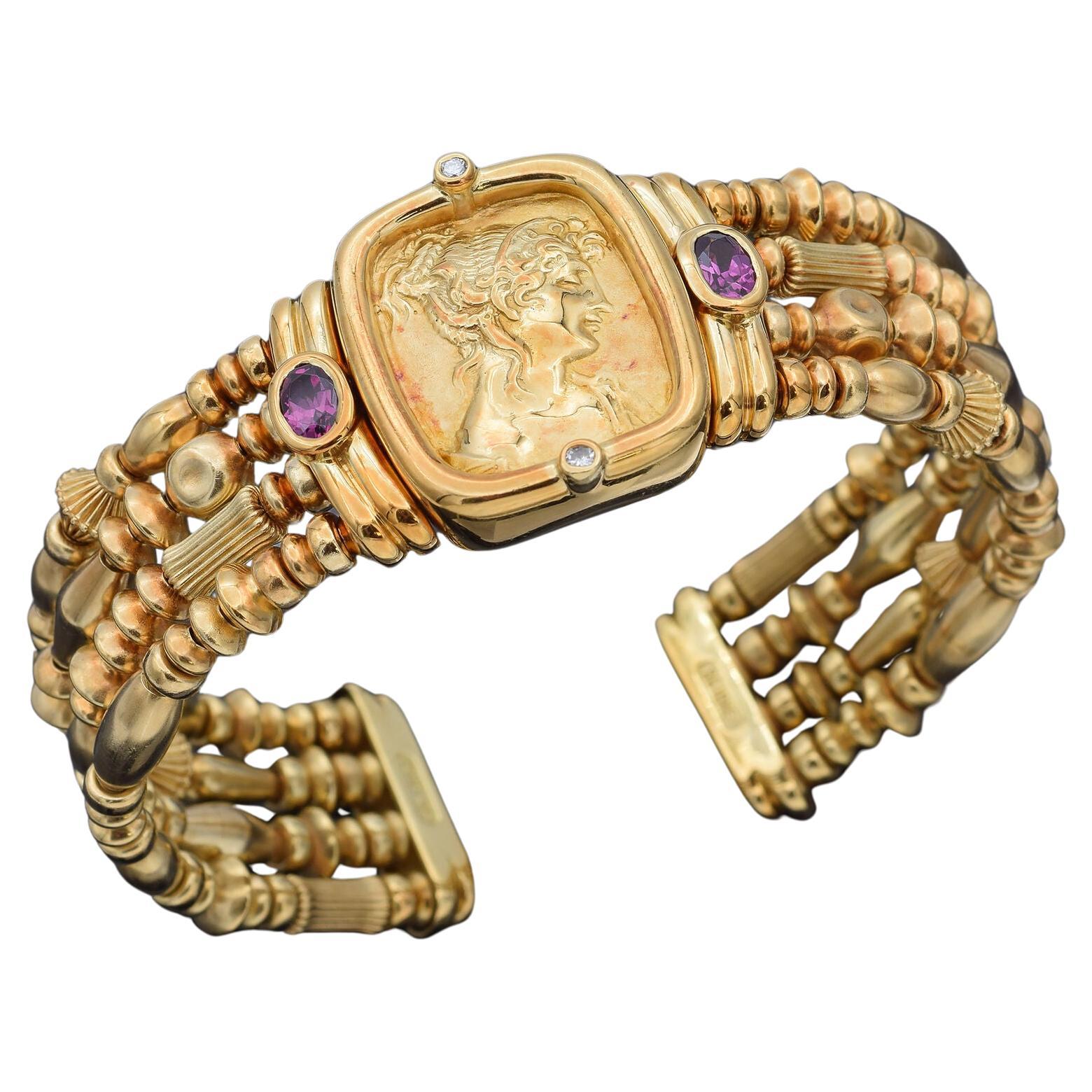 SeidenGang Tourmaline & Diamond Yellow Gold Cameo Tagliamonte Bracelet For Sale