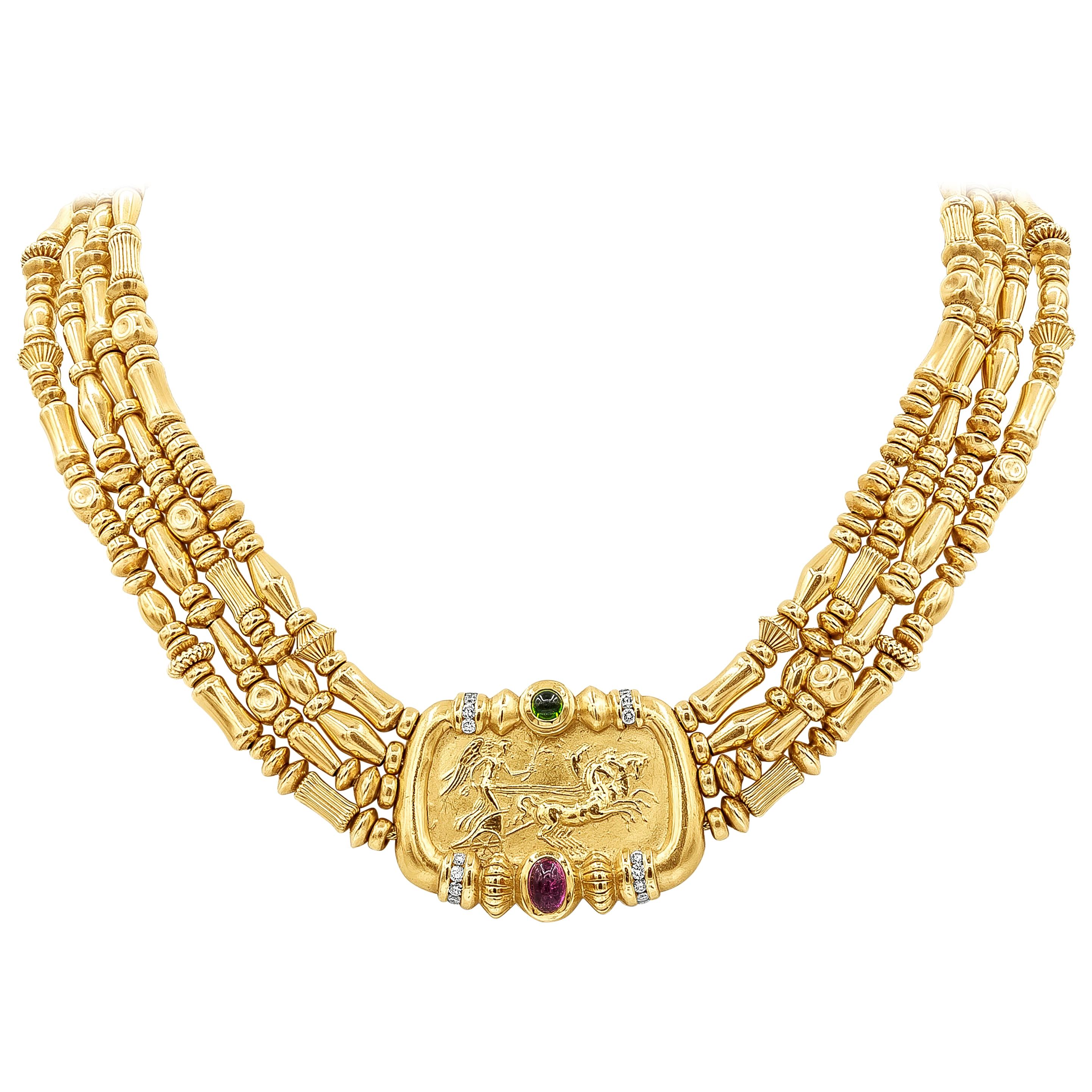 SeidenGang Tourmaline Greek God Helios Multi-Strand Yellow Gold Necklace For Sale