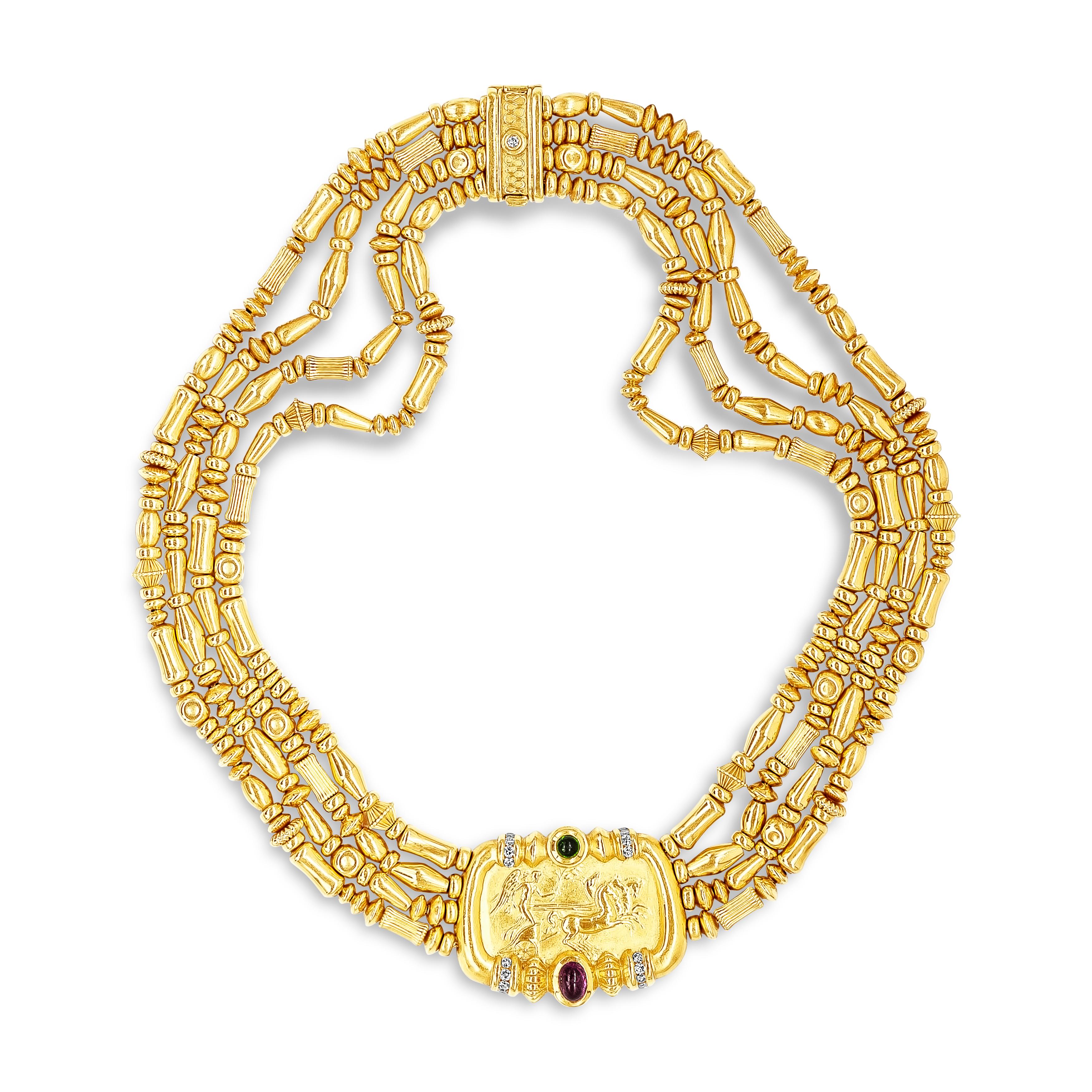 Classical Greek SeidenGang Tourmaline Greek God Helios Multi-Strand Yellow Gold Necklace For Sale