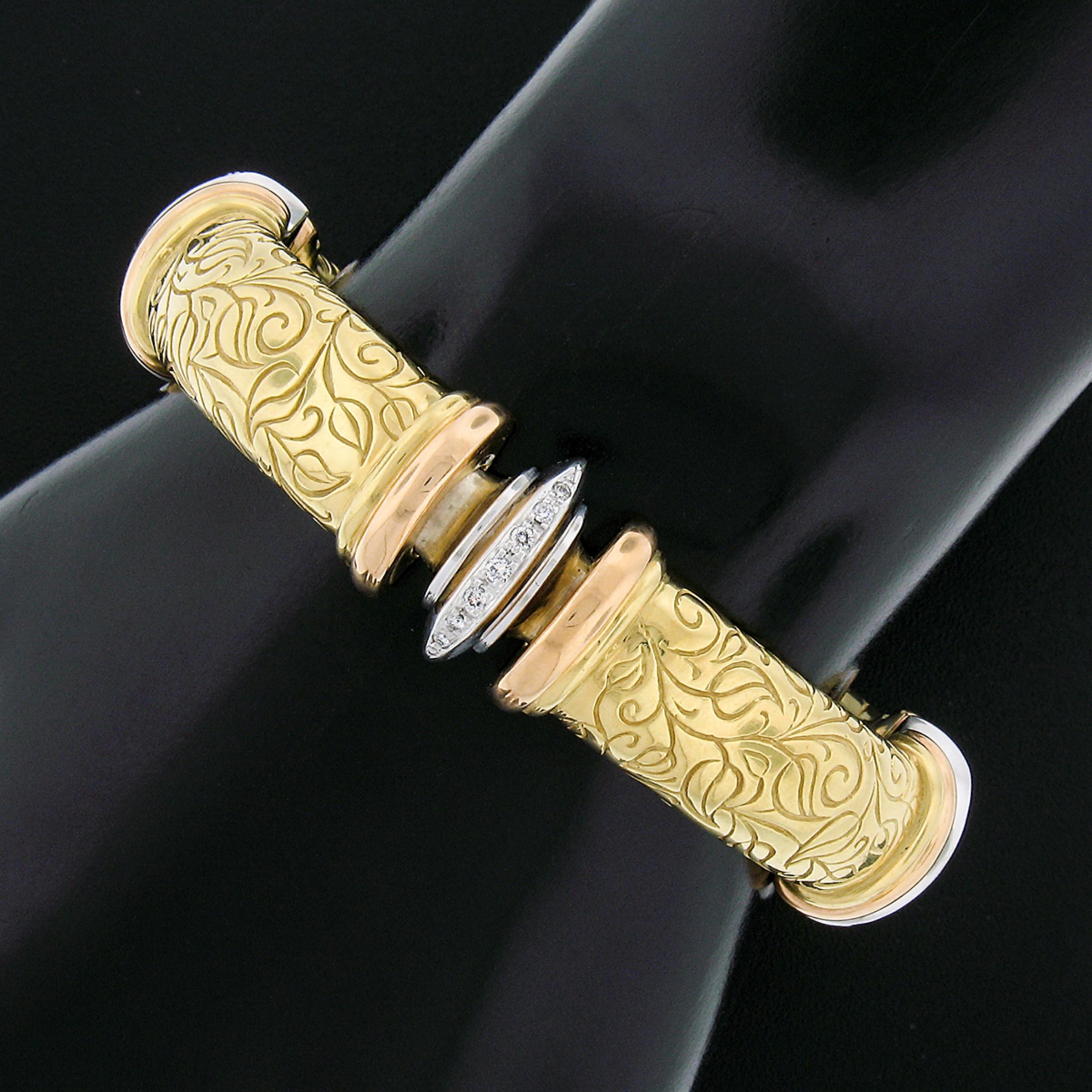Here we have an elegant statement bracelet designed by SeidenGang that is very well crafted from 18k yellow and white gold. It features 4, long, slightly puffed, polished links that are beautifully detailed with signature engraved floral work