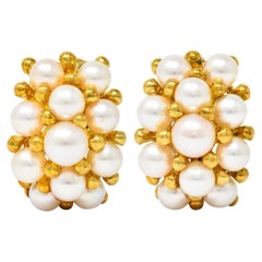 Seidengang Vintage Pearl 18 Karat Yellow Gold Cluster Screwback Vintage Earrings
