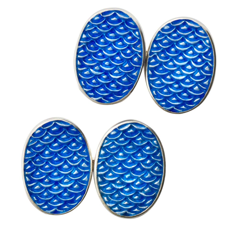 Seigai Waves Dark Blue Enamelled Silver Cufflinks For Sale