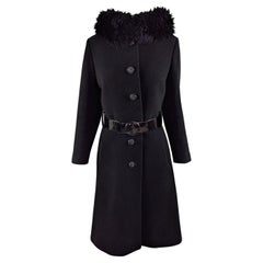 Seigal Vintage 60s Long Black Wool & Faux Fur Collar Belted Coat, 1960s