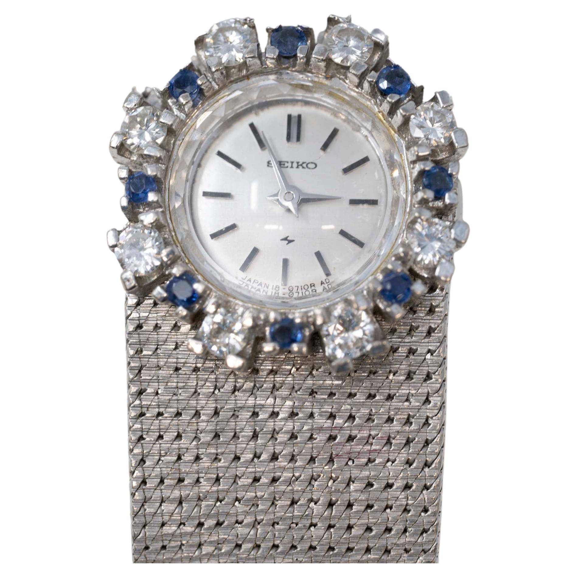 Seiko 14k White Gold Diamond & Sapphire Ladies Watch For Sale
