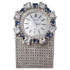 Retro Seiko 14k White Gold Diamond & Sapphire Ladies Watch