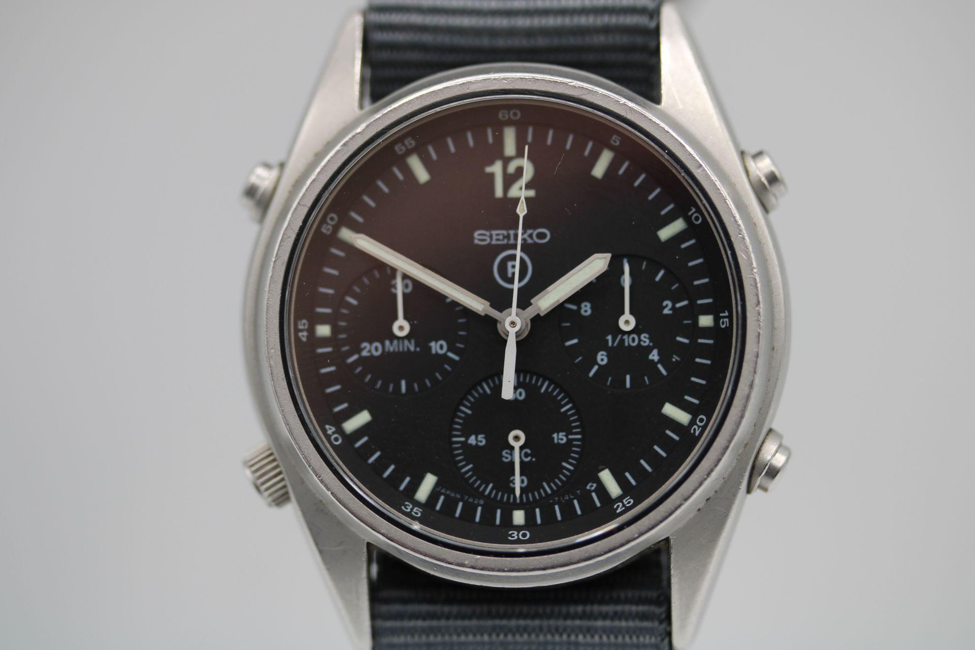 Watch: Seiko Generation 1 7A28-7120 c.1990 Watch Only
Stock Number: CHW5274
Price: £995.00

Original, working Generation 1 Seiko Chronograph made for the British RAF in 1990. Having been used in service as a tool watch will show some signs of age