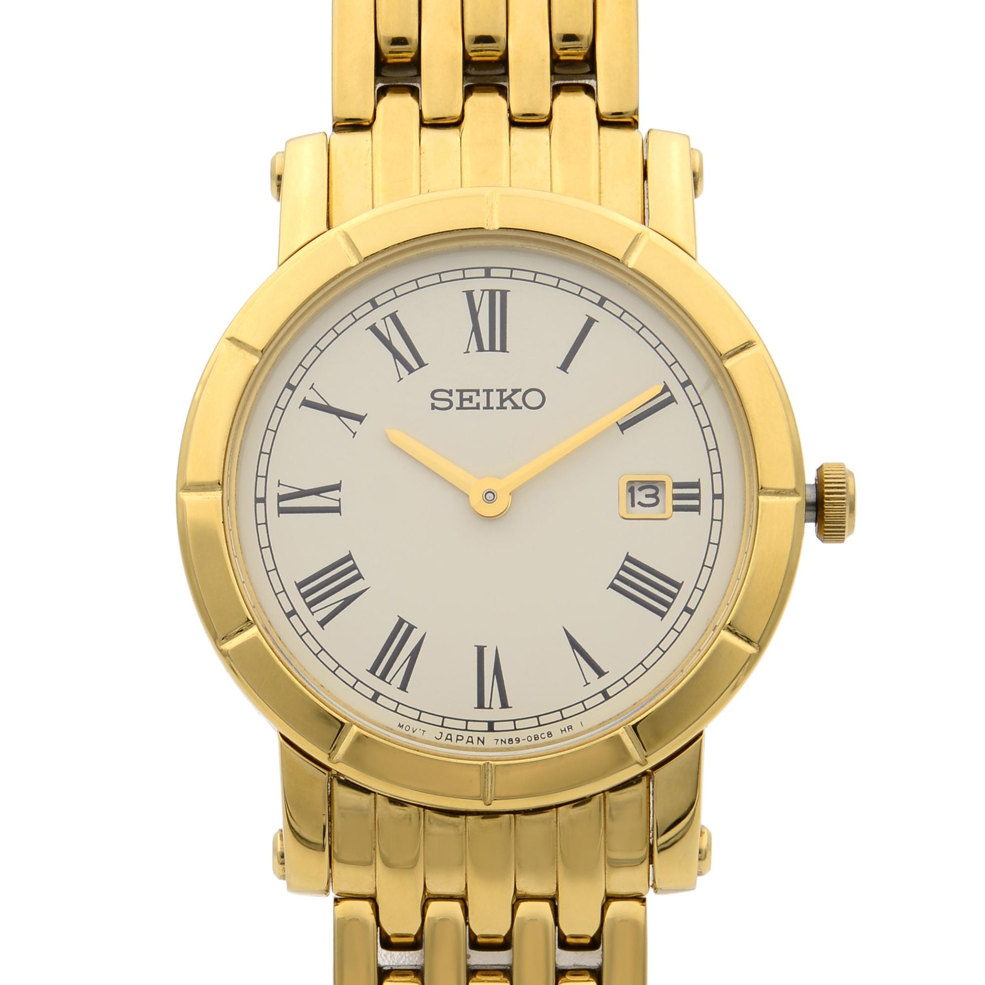 Pre-owned Seiko Date Gold-Tone Stainless Steel Beige Dial Ladies Quartz Watch SXB420P1. Minor Scratches and Blemishes on the Blemishes on the Gold-tone Case and Bracelet from Handling. This Beautiful Timepiece is Powered by a Quartz (Battery)