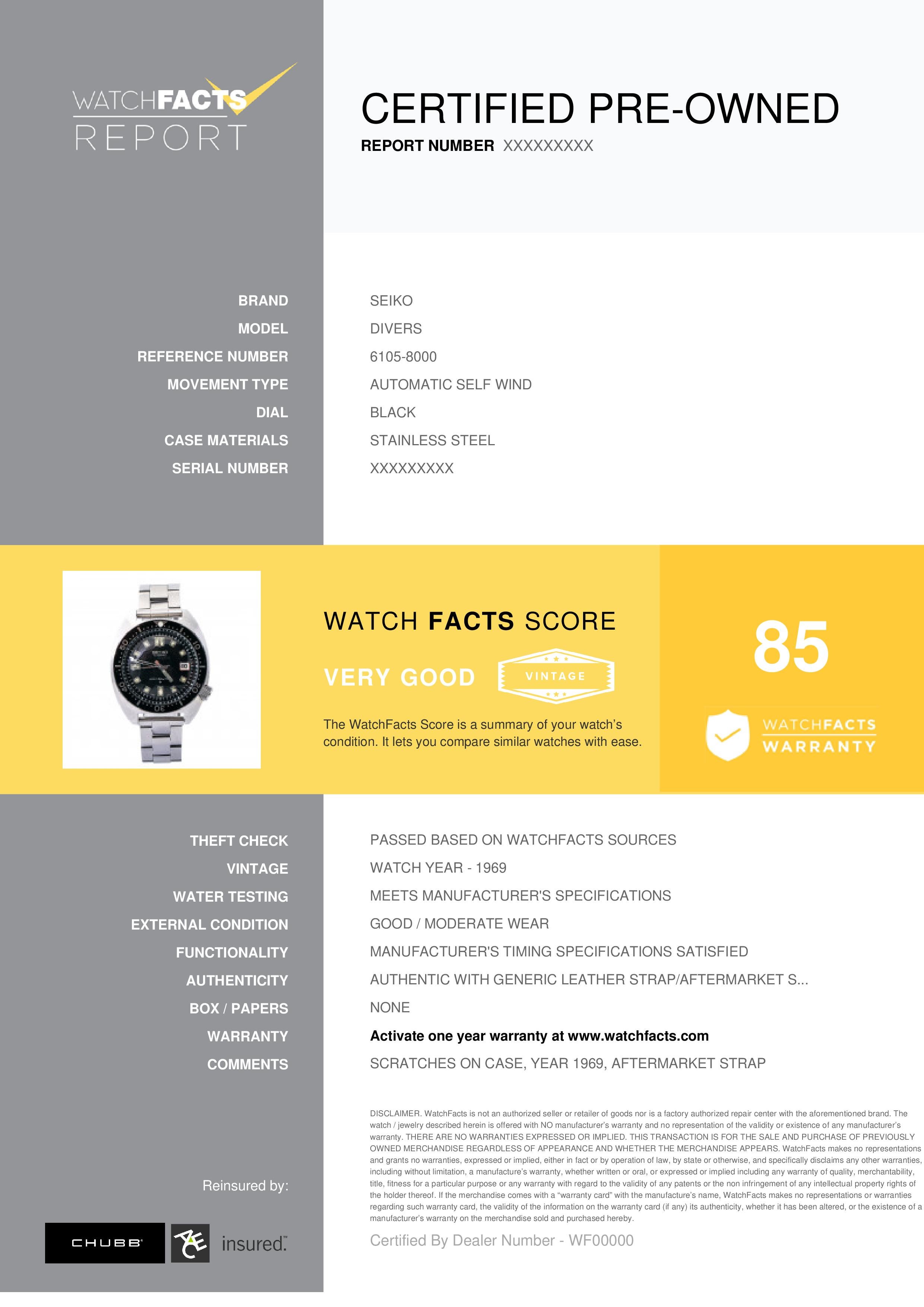 Seiko Divers Reference #: 6105-8000. Mens Automatic Self Wind Watch Stainless Steel Black 40 MM. Verified and Certified by WatchFacts. 1 year warranty offered by WatchFacts.