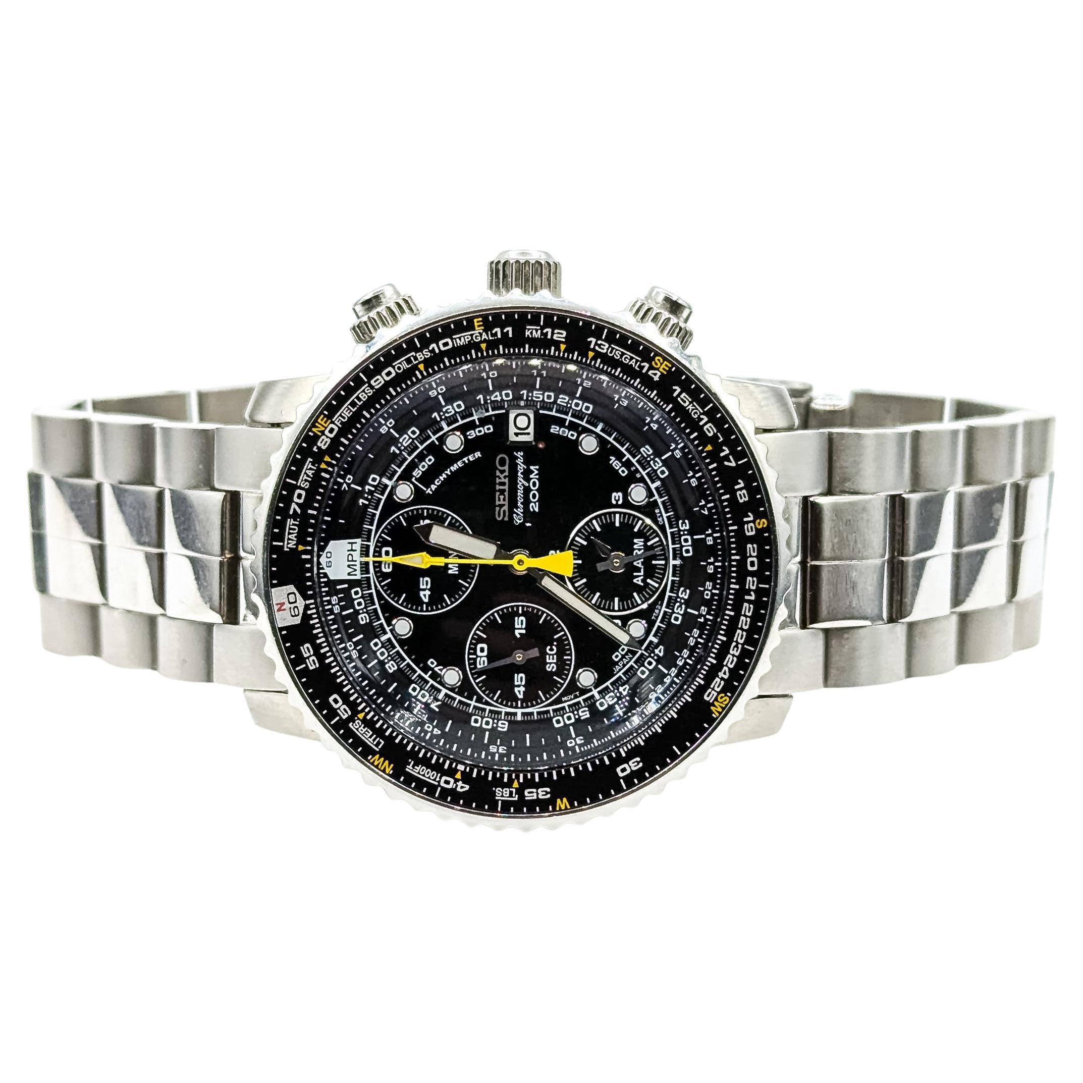 Seiko Flightmaster Pilot Chronograph Uhr in Edelstahl im Angebot