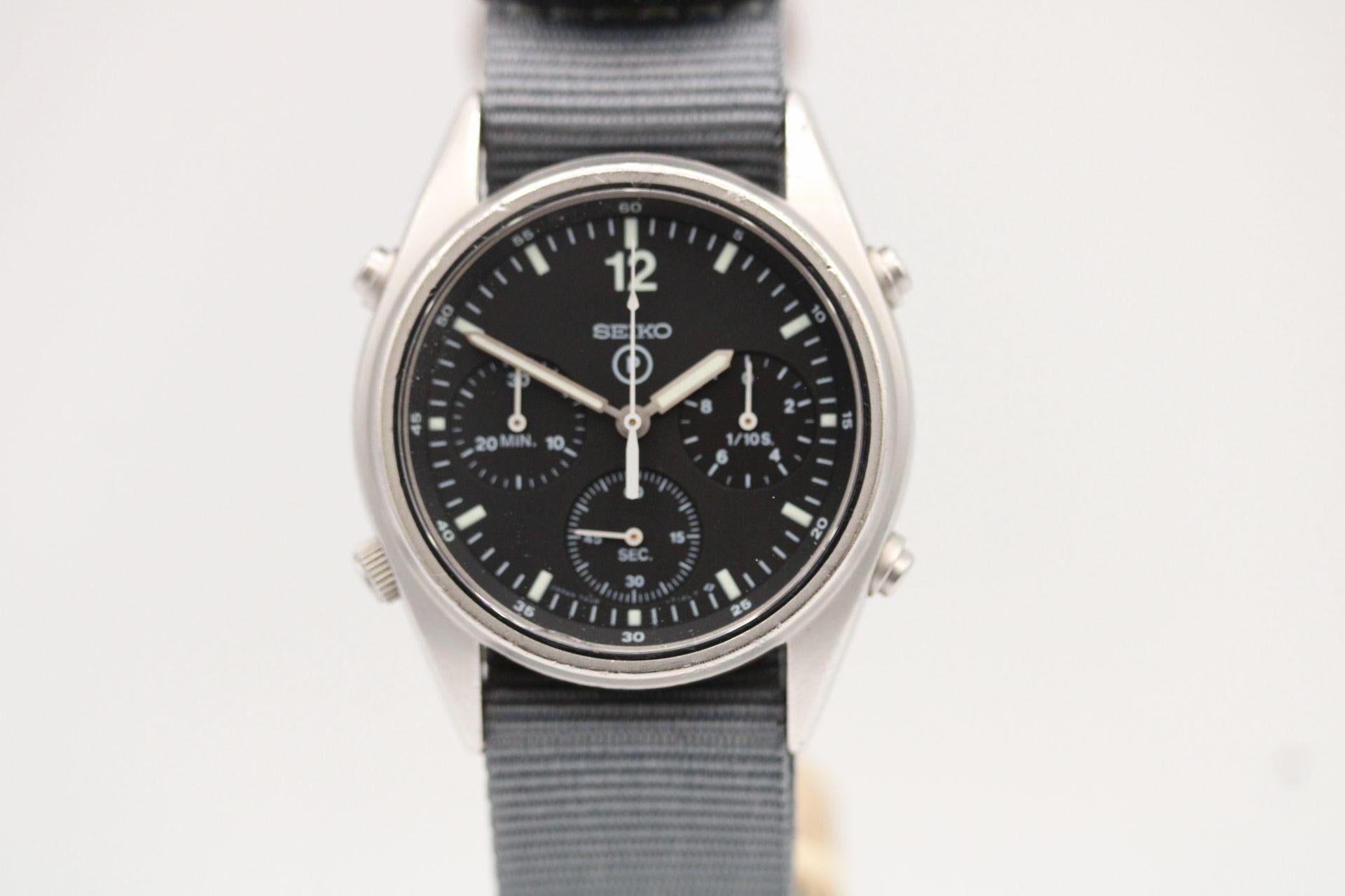 Watch: Seiko Generation 1 7A28-7120
Stock Number: CHW5420
Price: £995.00

Original, working Generation 1 Seiko Chronograph made for the British RAF in 1984. Having been used in service as a tool watch will show some signs of age and minor blemishes