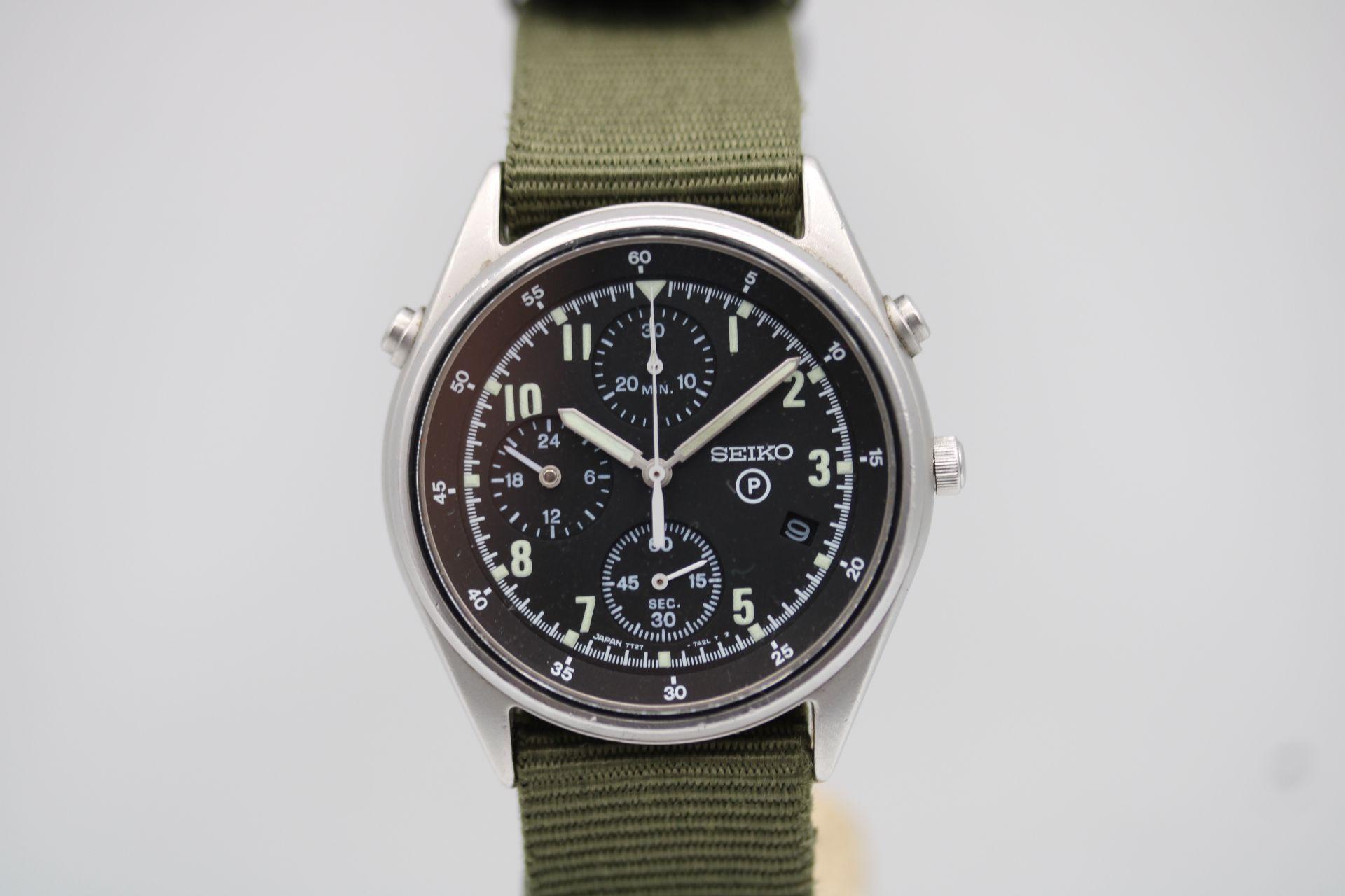 
This Seiko Generation 2 British Military Issued Chronograph arrives with us in its original condition with all markings to case back. Glass is a little scratched in places however we have chosen to leave this original.

38mm stainless steel case