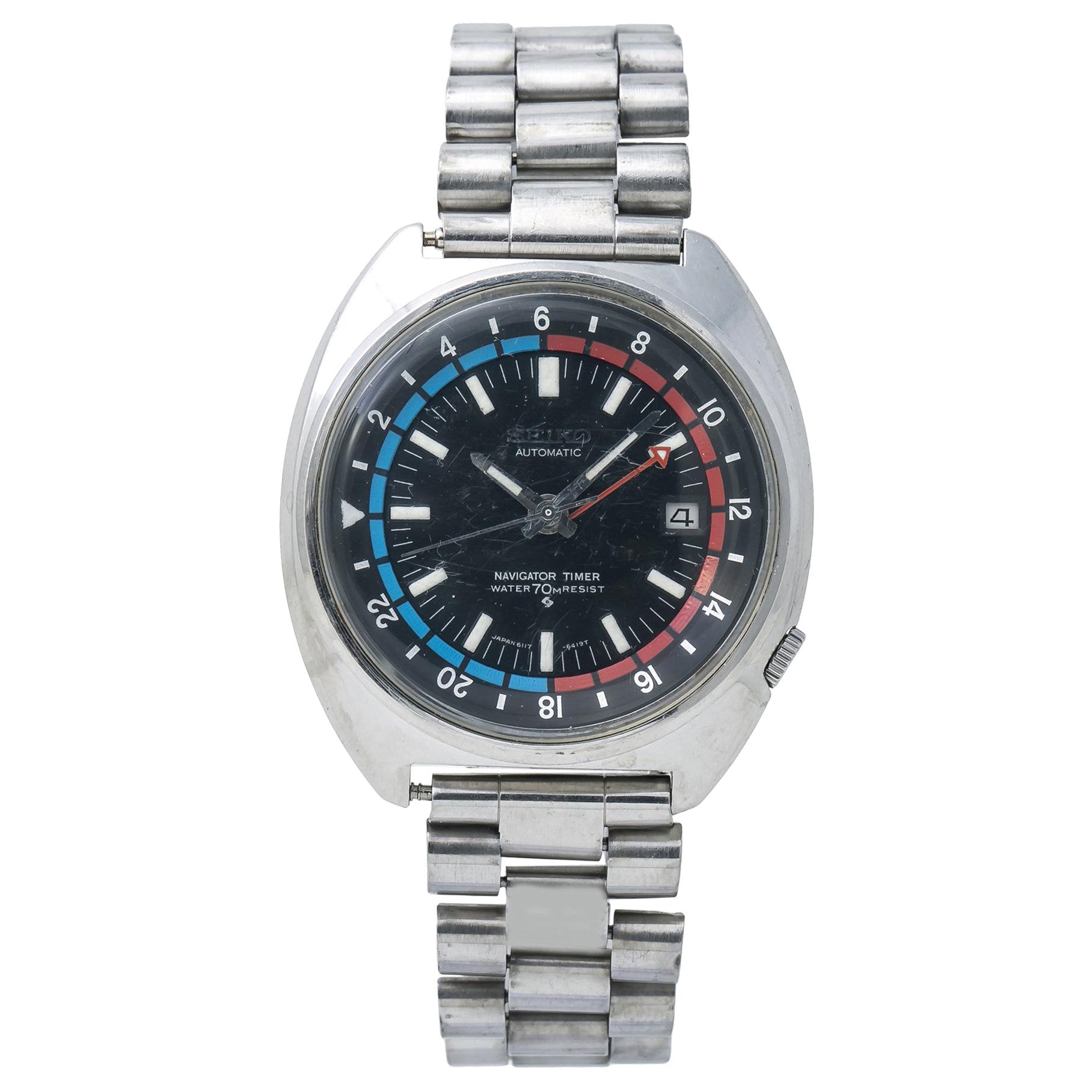 Seiko Navigator Timer 6117-6410, Black Dial, Certified and Warranty at  1stDibs | seiko automatic navigator timer