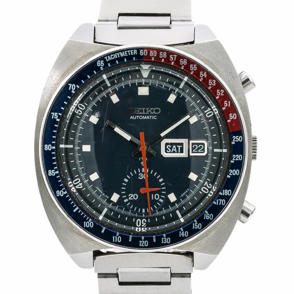 Seiko Pogue Reference #:6139-6005. Seiko Pogue 6139-6005 Vintage Automatic Chronograph Mens Watch 41mm. Verified and Certified by WatchFacts. 1 year warranty offered by WatchFacts.