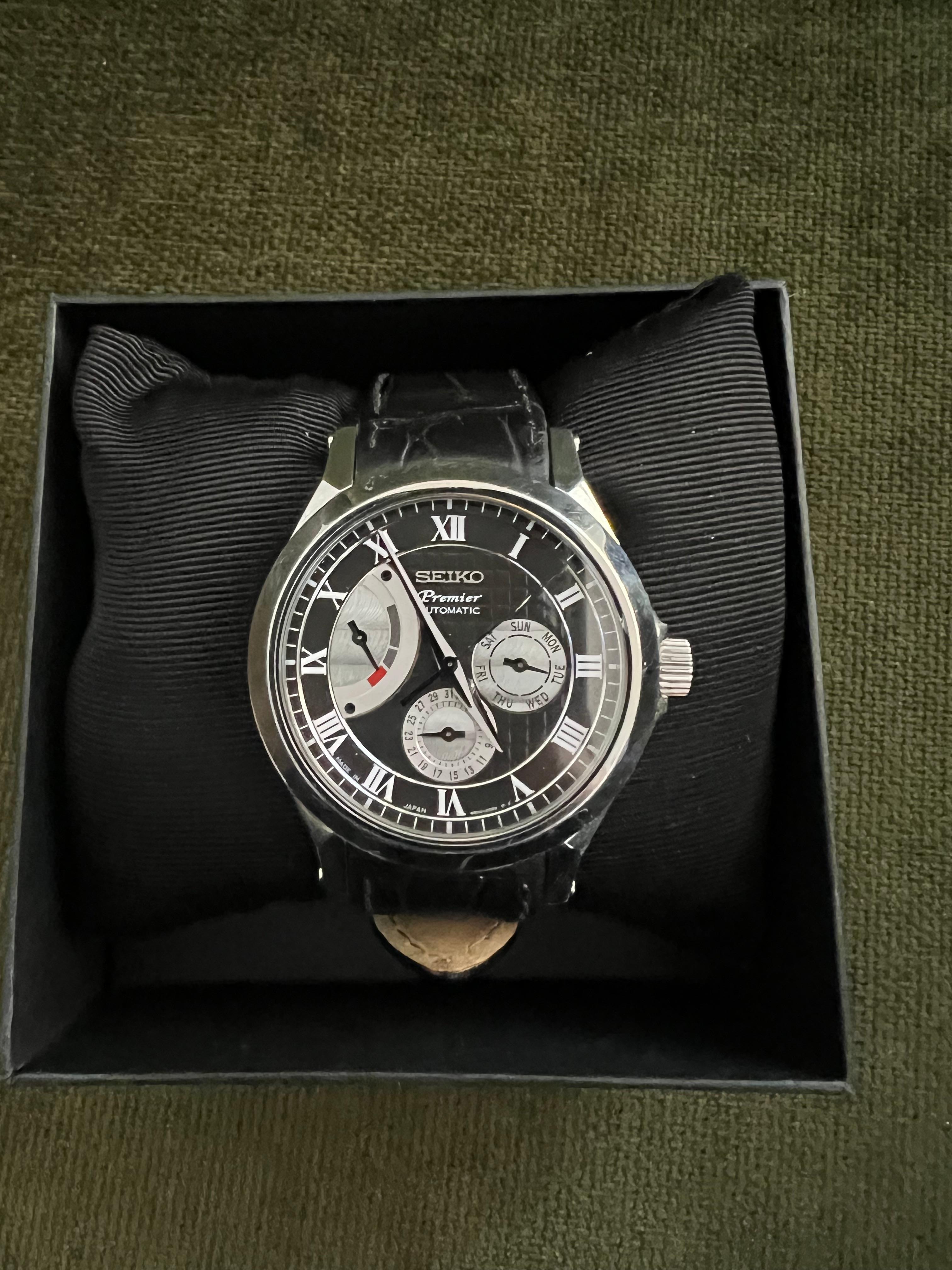 Aesthetic Movement Seiko Premier Automatic 2010 Original Box, Steel Case, Black Lather, Steel Clasp For Sale