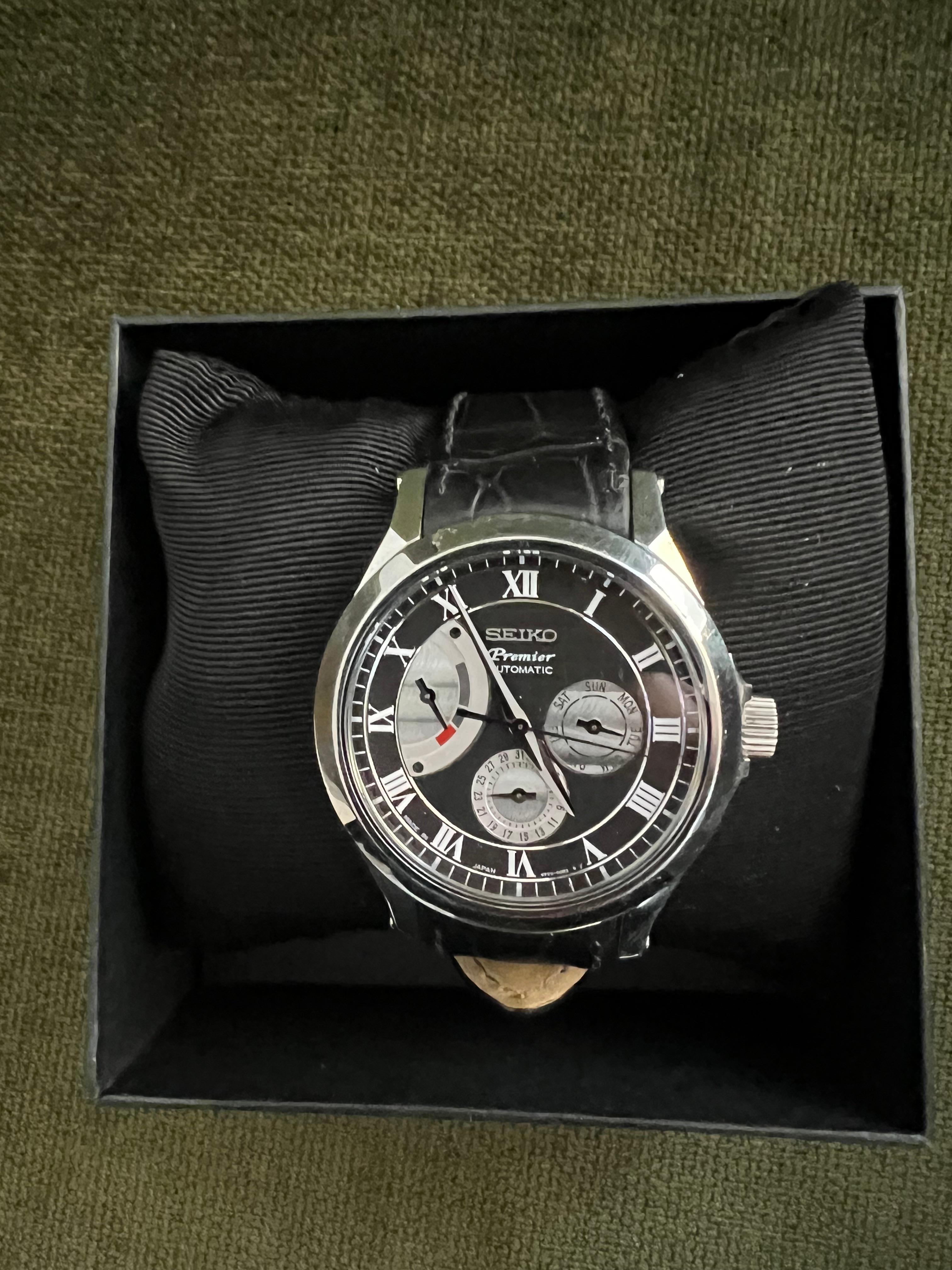 Women's or Men's Seiko Premier Automatic 2010 Original Box, Steel Case, Black Lather, Steel Clasp For Sale