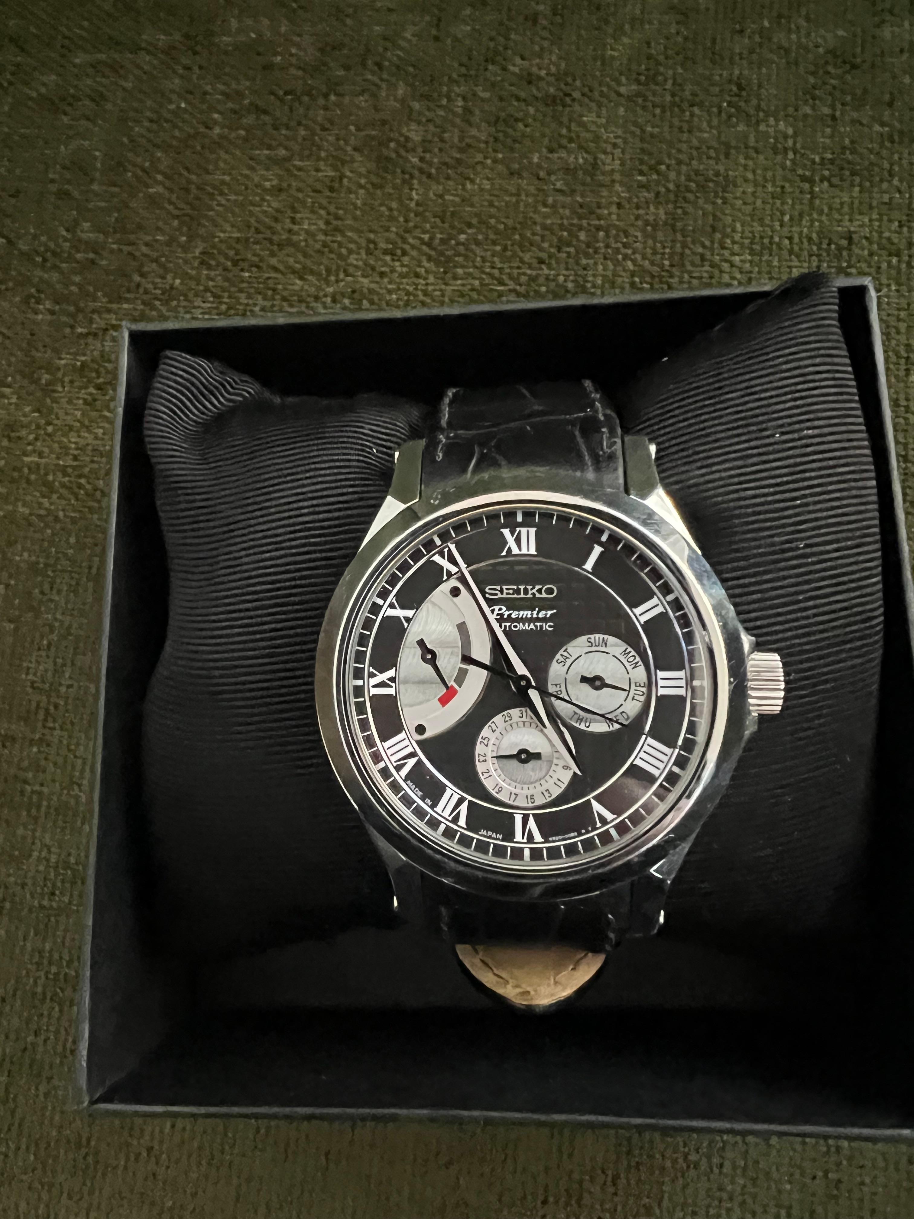 Seiko Premier Automatic 2010 Original Box, Steel Case, Black Lather, Steel Clasp For Sale 1