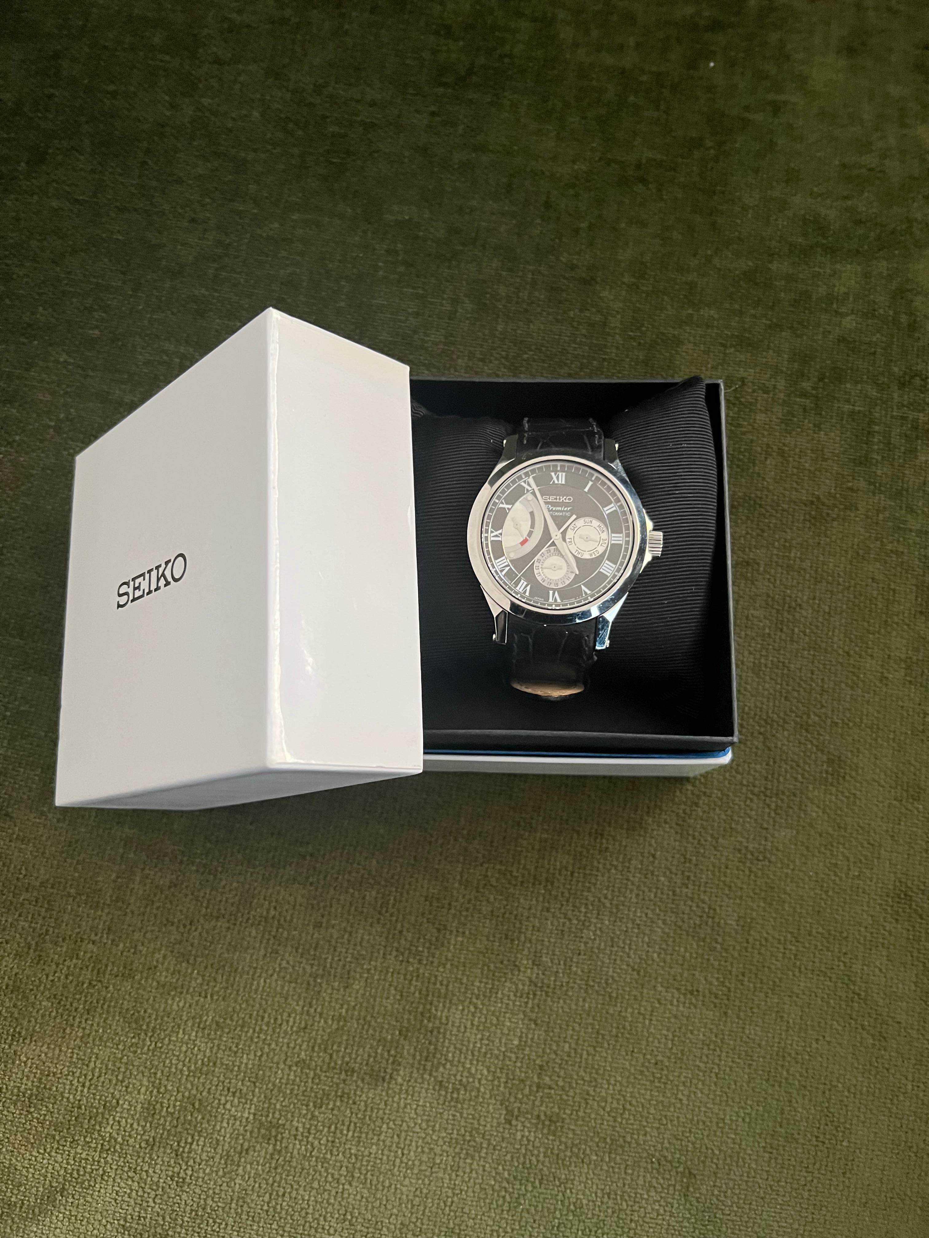Seiko Premier Automatic 2010 Original Box, Steel Case, Black Lather, Steel Clasp For Sale 2