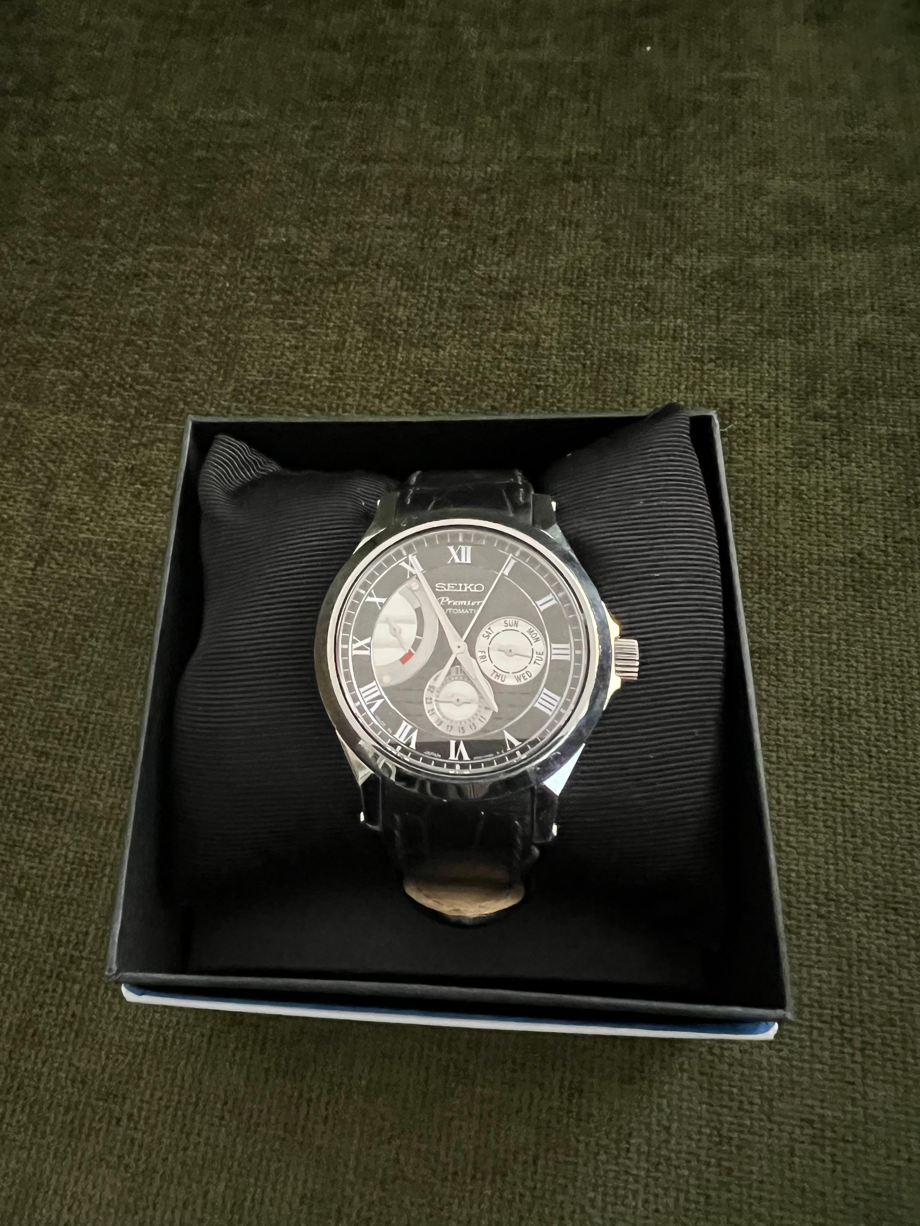 Seiko Premier Automatic 2010 Original Box, Steel Case, Black Lather, Steel Clasp For Sale 4