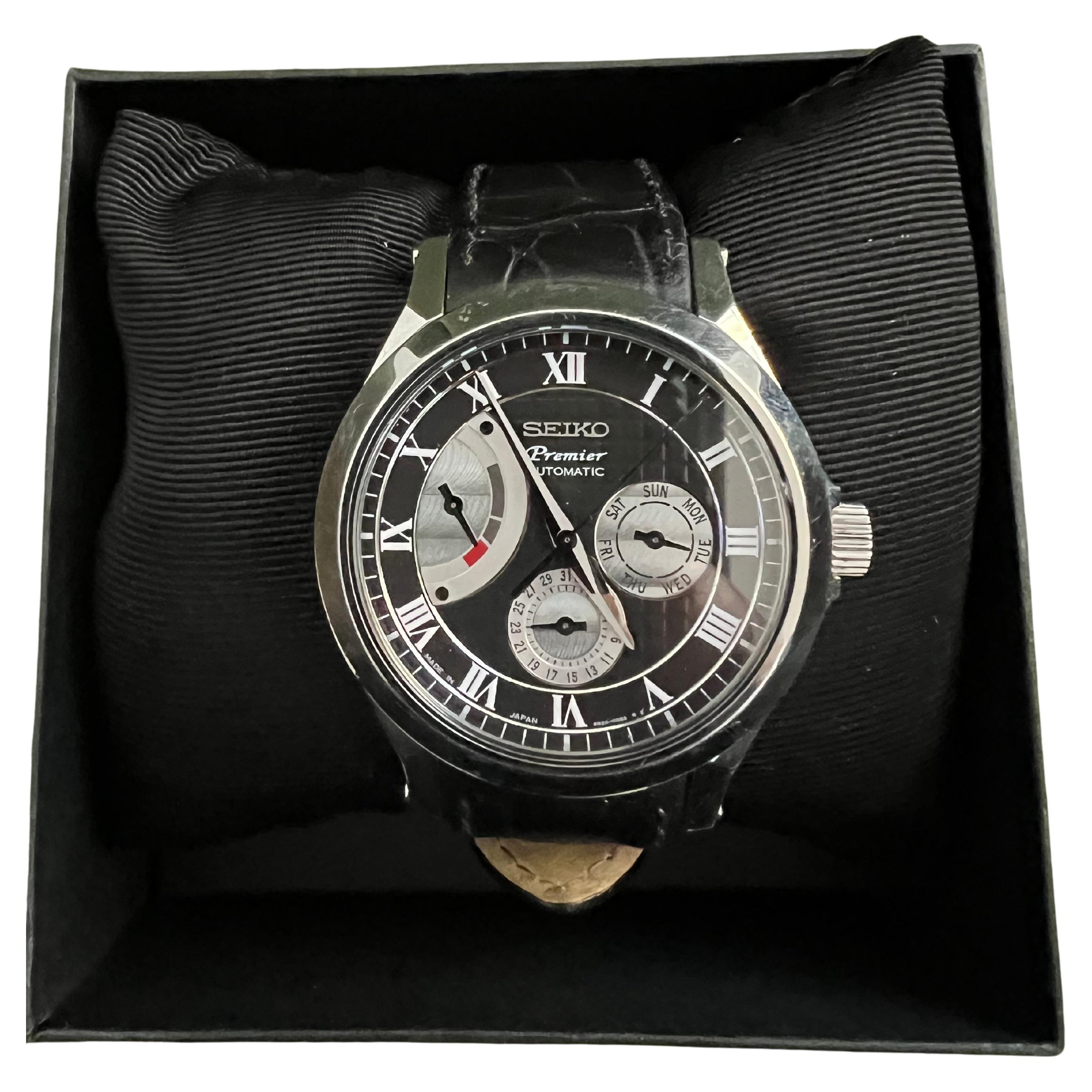 Seiko Premier Automatic 2010 Originalverpackung, Stahlgehäuse, schwarzes Lather, Stahlverschluss