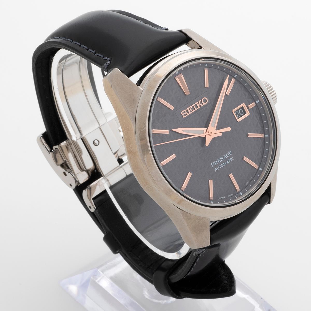 Our Seiko Presage features the 6R35 movement (70 hour reserve), part of the Sharp Edges range, with 39.5mm stainless steel case and date function. The black dial on this reference is superb, with a Japanese design influenced by Heian artisan