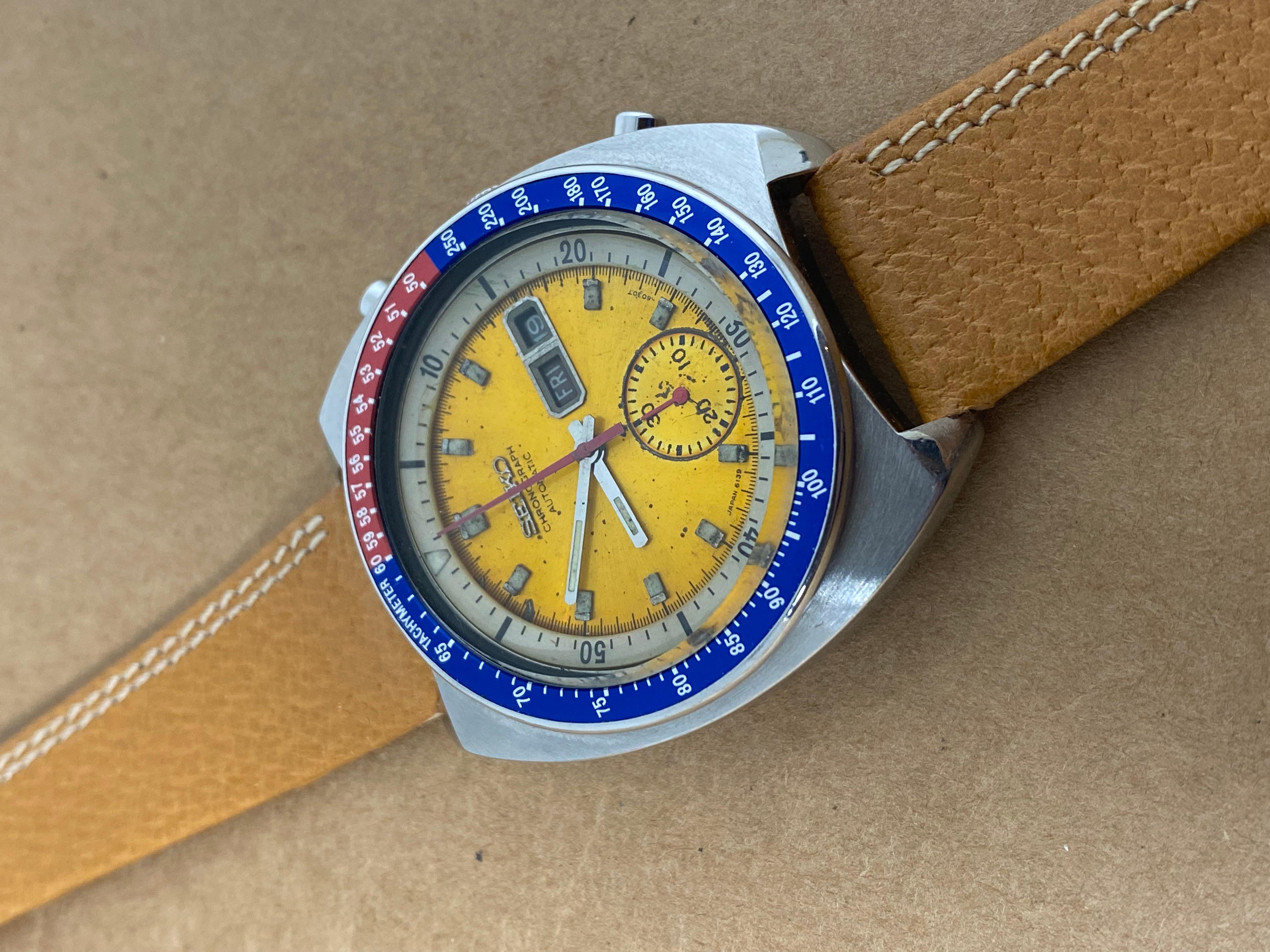 Seiko Speed Timer Pogue 6139-6002 Herrenuhr, Pepsi-Lünette, gelbes Zifferblatt, ca. 1970er Jahre. 1