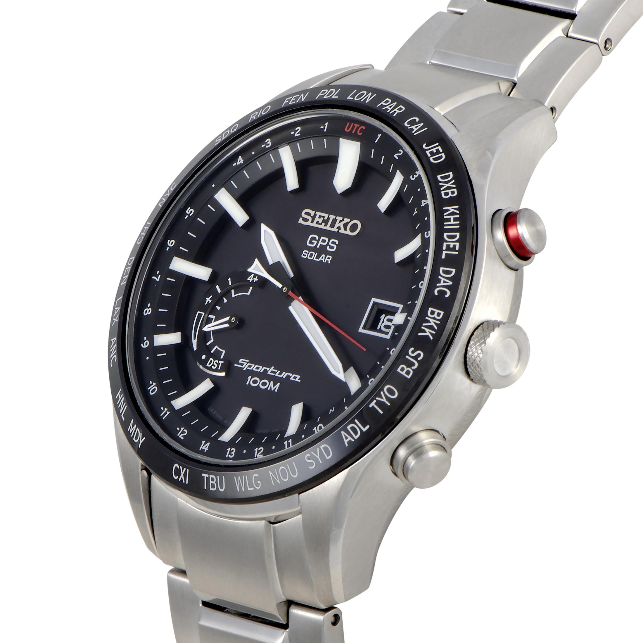 This is the Seiko Sportura GPS Solar, reference number SSF003.

The watch boasts a stainless steel case fitted with a ceramic bezel and offers water resistance of 100 meters. Equipped with a quartz movement powered by sunlight, this model features