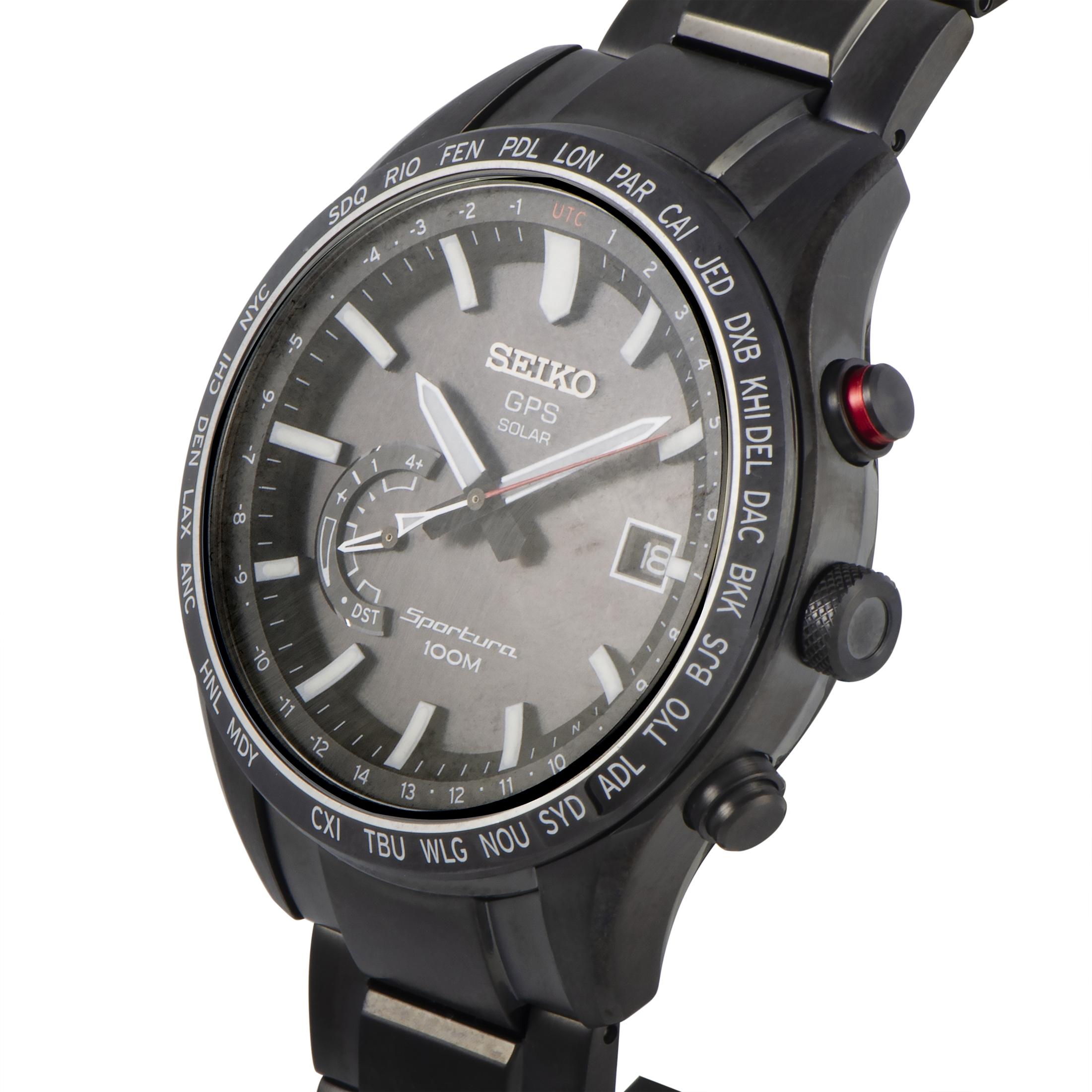This is the Seiko Sportura GPS Solar, reference number SSF005.

The watch boasts a black stainless steel case fitted with a ceramic bezel and offers water resistance of 100 meters. Equipped with a quartz movement powered by sunlight, this model