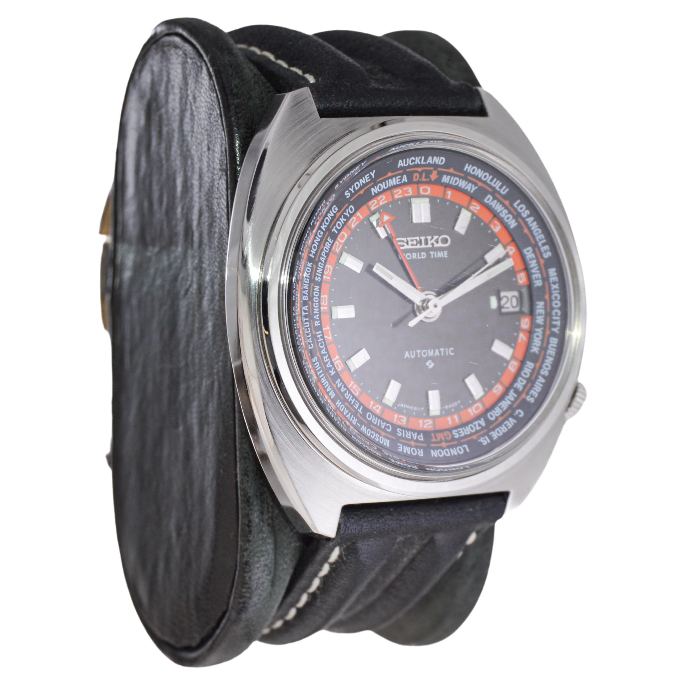 FACTORY / HOUSE: Seiko Watch Company
STYLE / REFERENCE: World time / Tonneau Shape
METAL / MATERIAL: Stainless Steel
CIRCA / YEAR: 1970's
DIMENSIONS / SIZE: Length 41mm X Width 46mm
MOVEMENT / CALIBER: Automatic Winding / 17 Jewels / Caliber