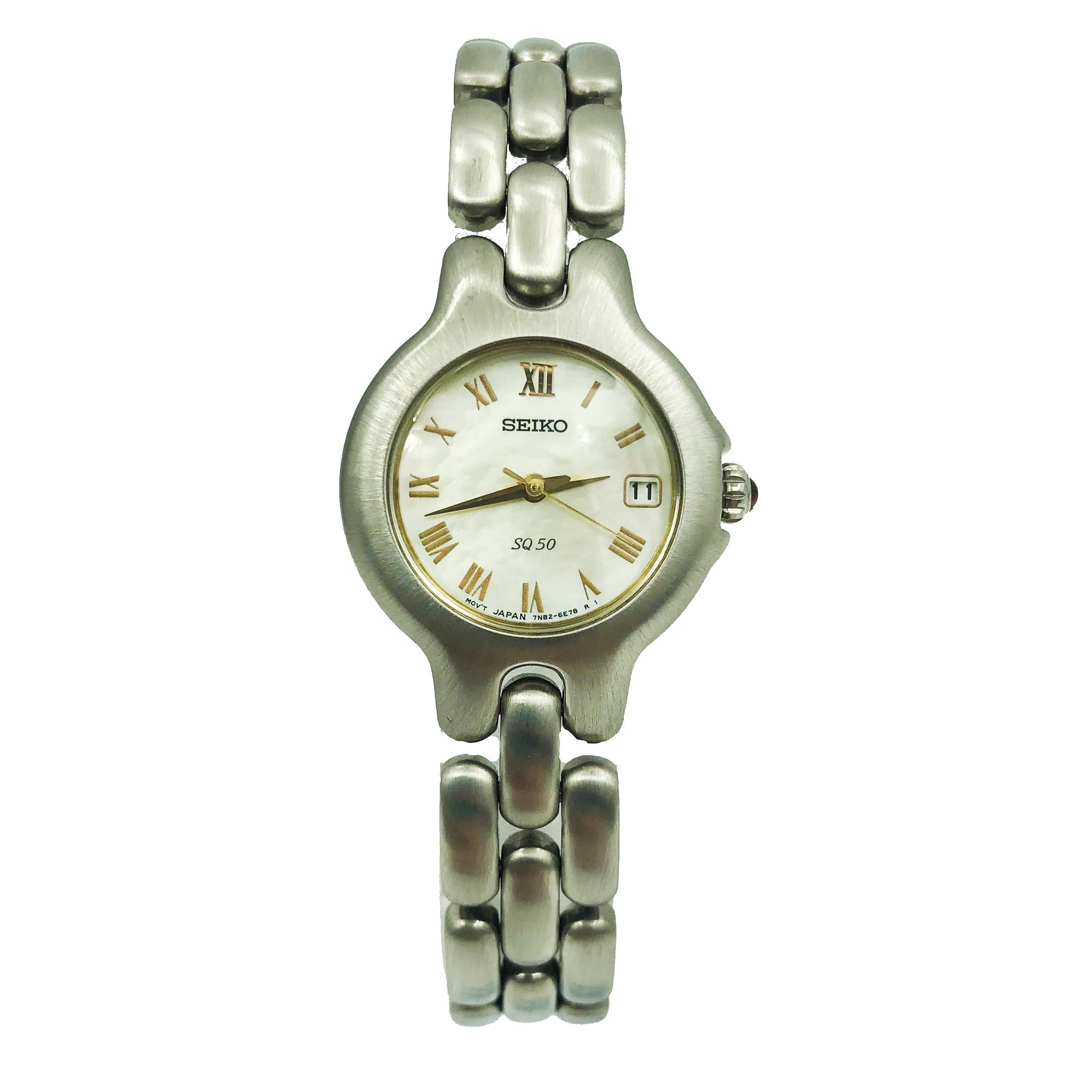 This Display Model Seiko Vivace Steel Case MOP Roman Dial Satin Steel Quartz Ladies Watch SXD255 is a beautiful Ladie's Timepiece that is Powered by Quartz (Battery) Movement and Features: a Stainless Steel Case and Bracelet. It has a Round Shape