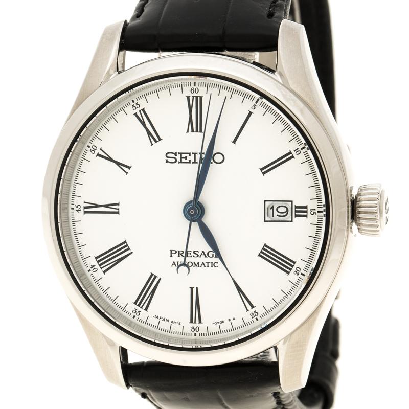 Contemporary Seiko White Stainless Steel Presage Unlimited Enamel Men's Wristwatch 40 mm