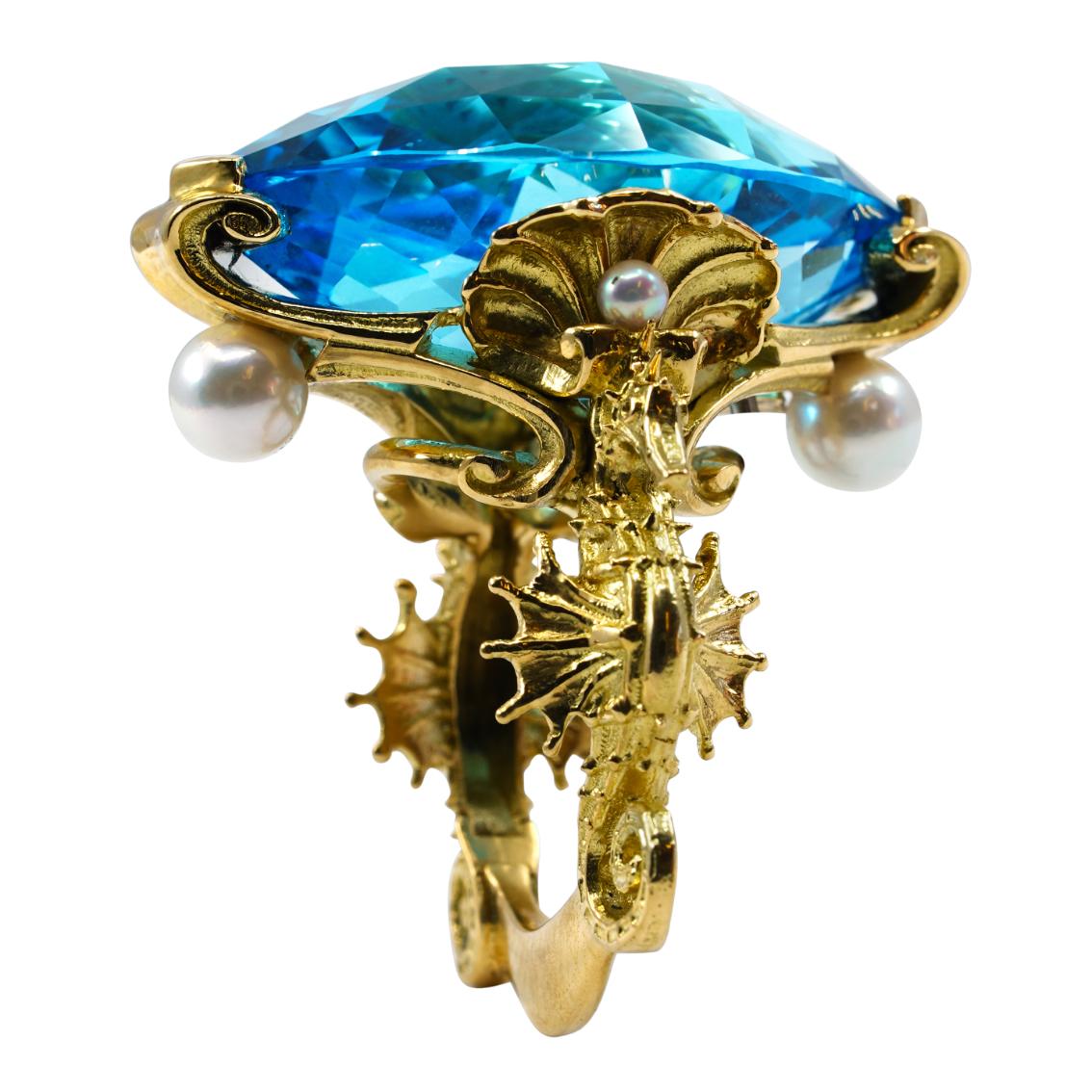  Swiss Blue Topaz and Akoya Pearls gold ring  For Sale 6