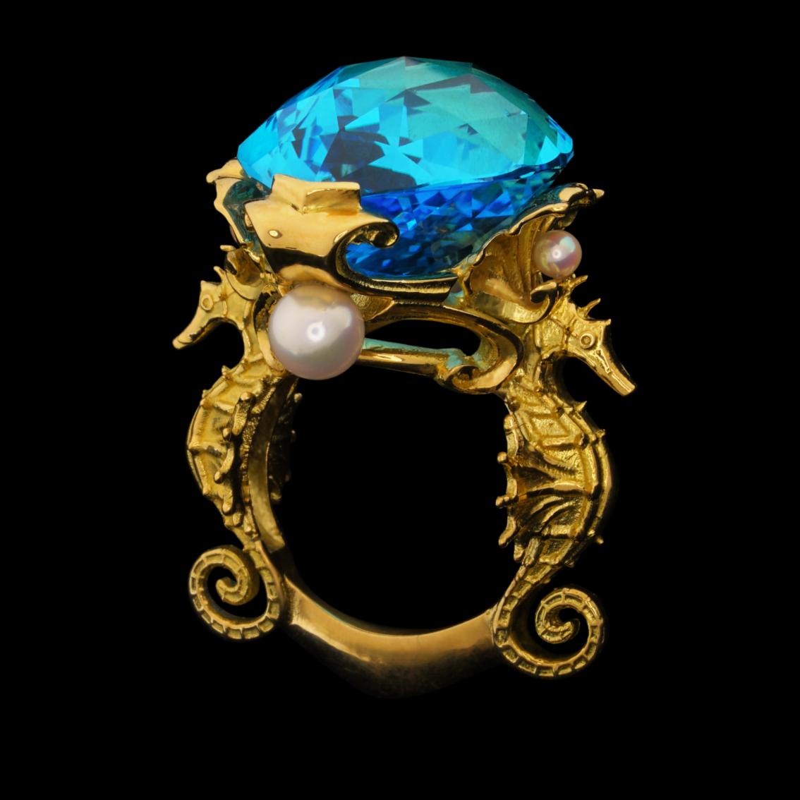 Marquise Cut  Swiss Blue Topaz and Akoya Pearls gold ring  For Sale