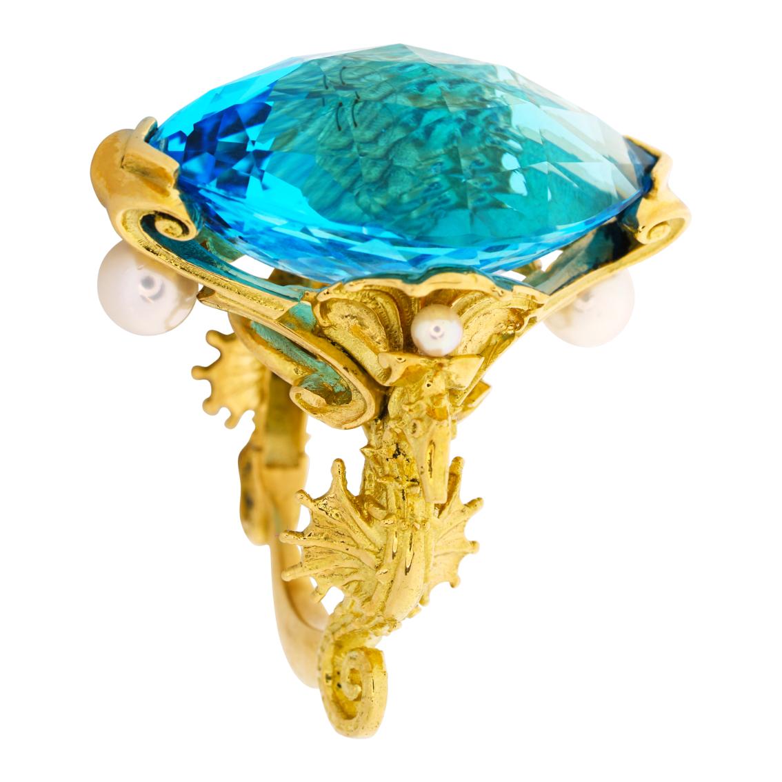 Swiss Blue Topaz and Akoya Pearls gold ring  In New Condition For Sale In Melbourne, Vic