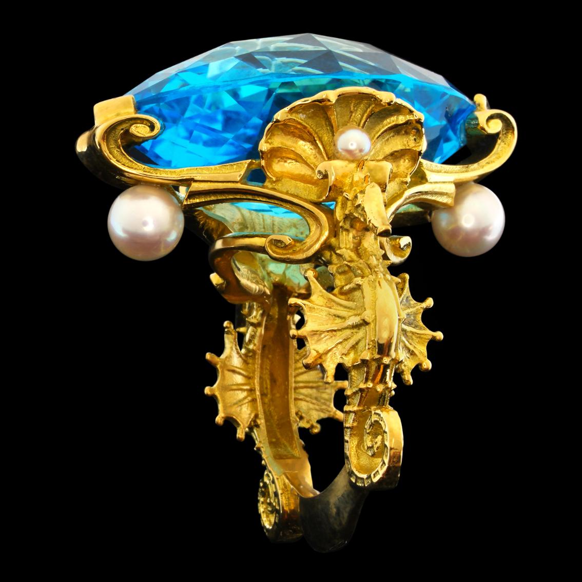 Women's or Men's Swiss Blue Topaz and Akoya Pearls gold ring For Sale