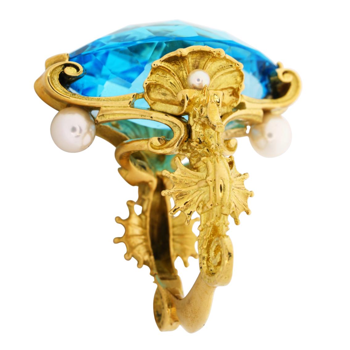  Swiss Blue Topaz and Akoya Pearls gold ring  For Sale 2