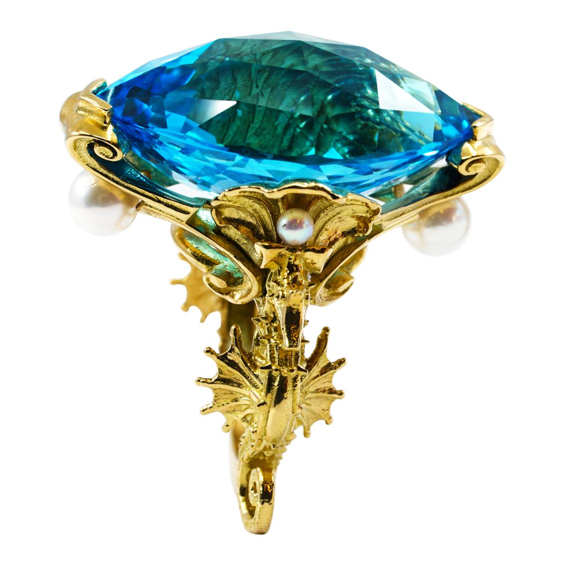  Swiss Blue Topaz and Akoya Pearls gold ring  For Sale 3