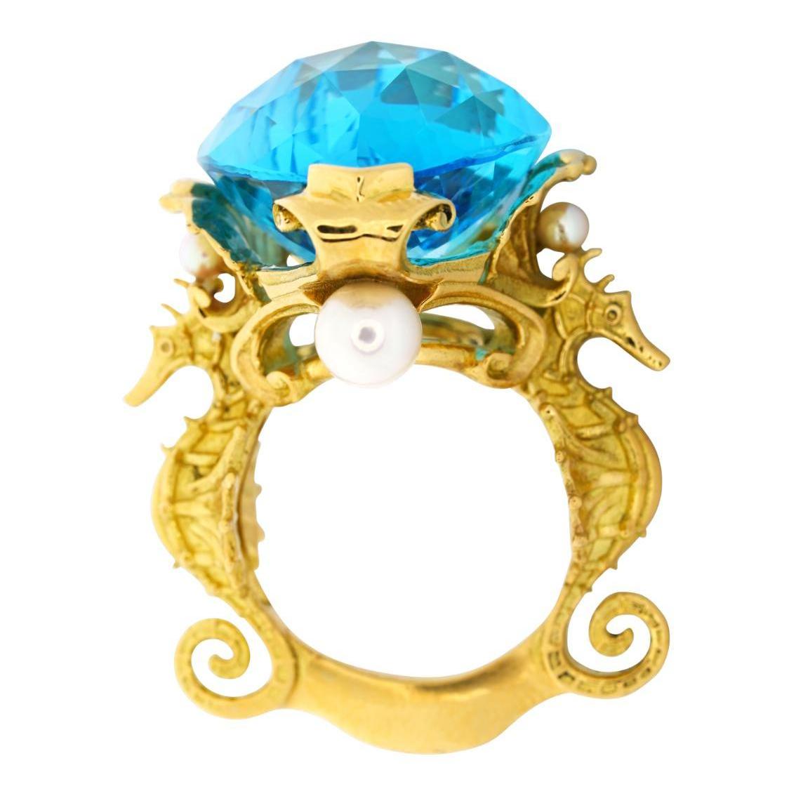 Baroque  Swiss Blue Topaz and Akoya Pearls gold ring  For Sale