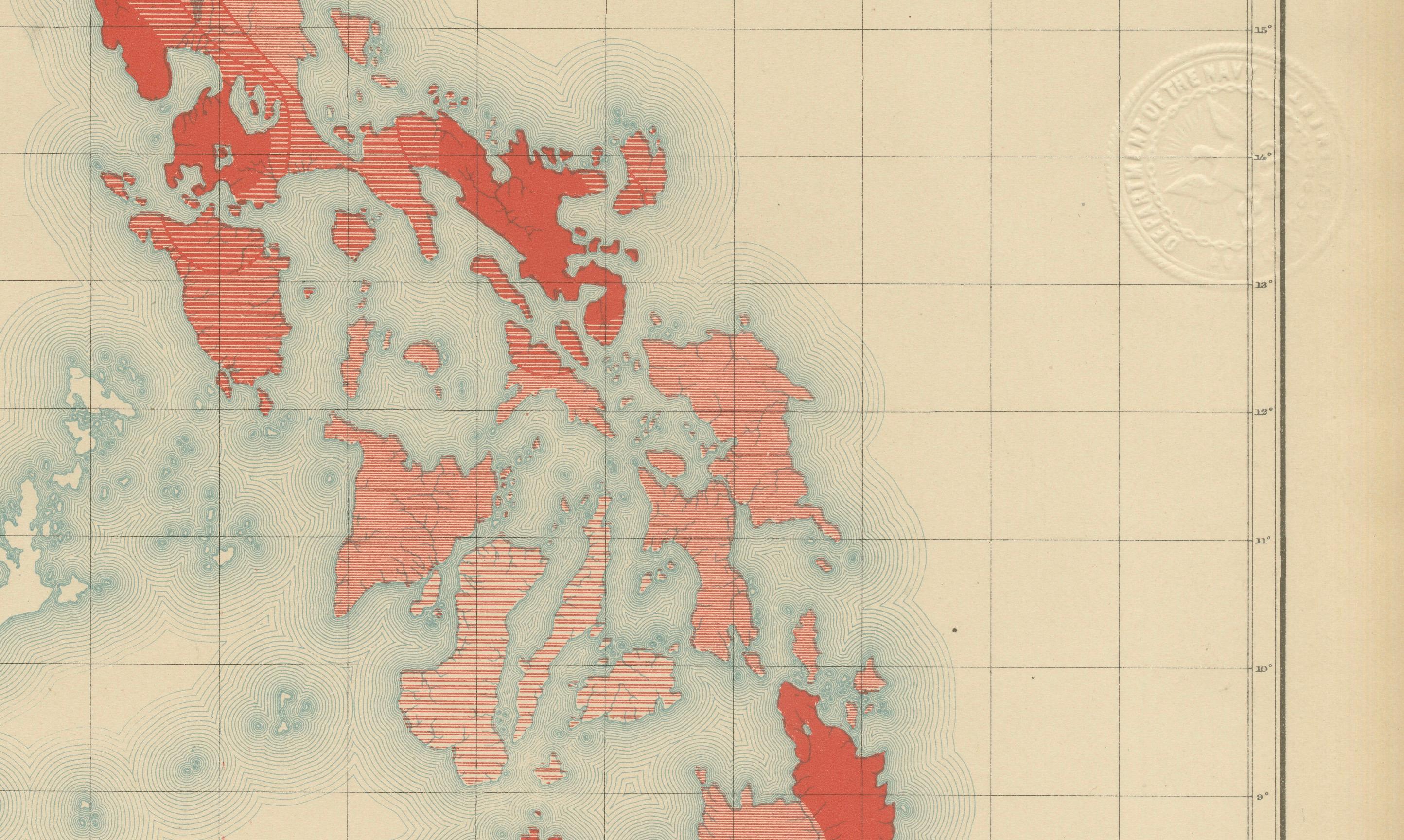 Mappa dell'attività sismica delle Isole Filippine - Observatorio de Manila, 1899 In condizioni buone in vendita a Langweer, NL