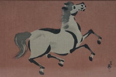 "Zen Horse 1" Showa Period Japanese Woodblock Print on Paper Red, Cream, Gray