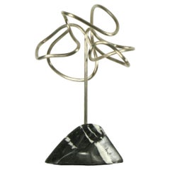 Streaked Silvered Brass Tree on Black Marble Base Abstract Sculpture