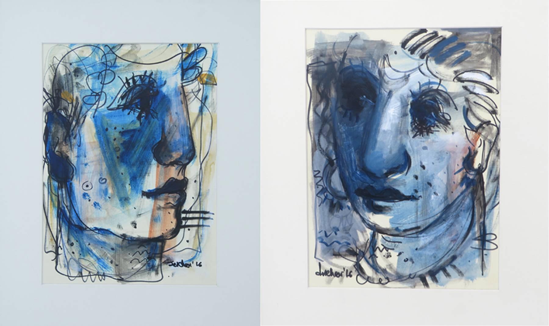 Sekhar Kar Figurative Painting - Couple, Faces, Mixed Media, Blue, Black, White by Indian Artist "In Stock"