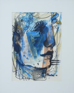 Couple, Faces, Mixed Media, Blue, Black, White by Indian Artist "In Stock"