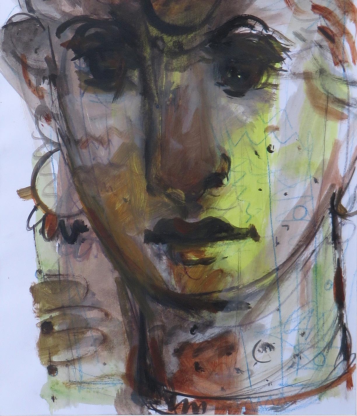 Paar, Mischtechnik auf Papier, Blau, Braun, Grün von indischer Künstler, „Auf Lager“ (Grau), Portrait Painting, von Sekhar Kar
