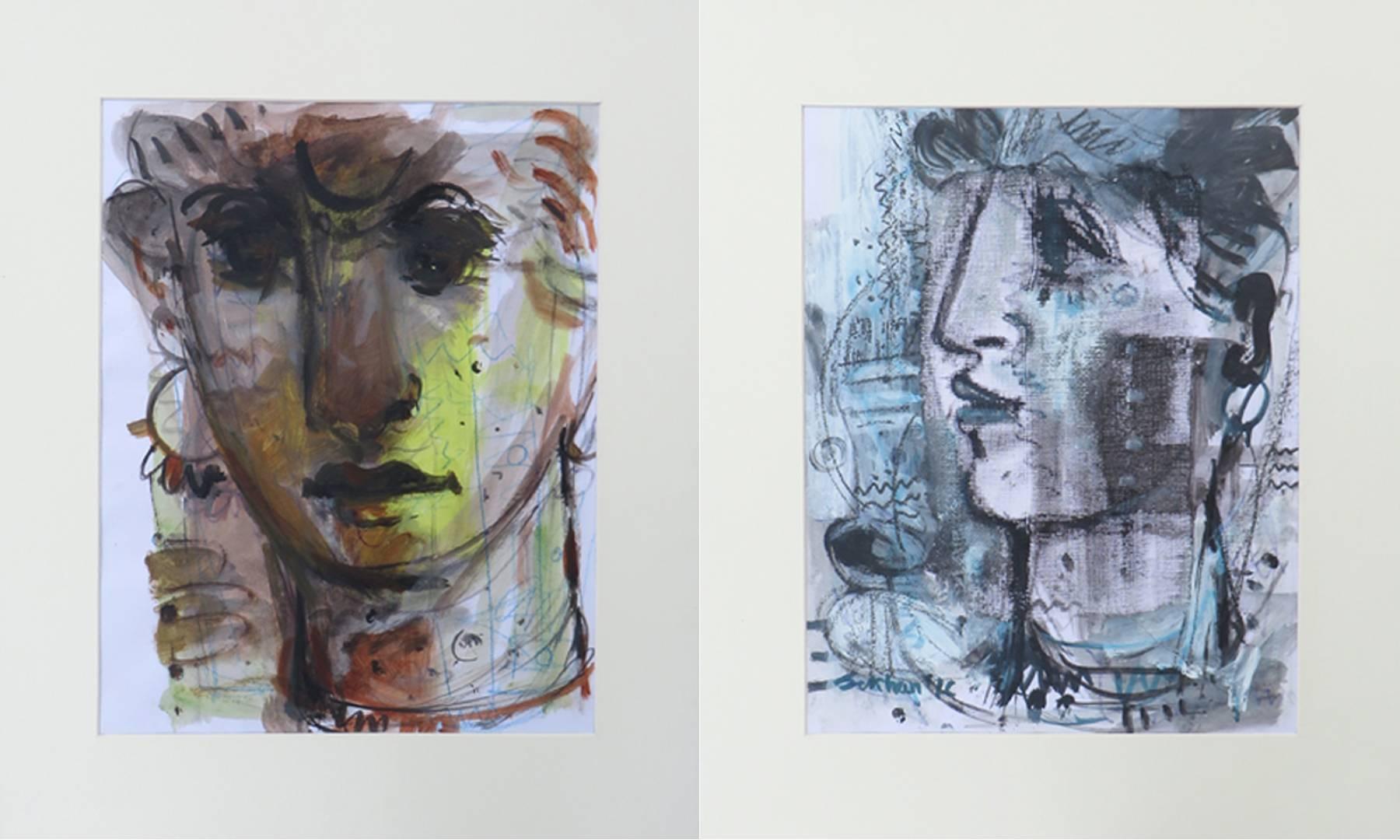 Sekhar Kar Portrait Painting – Paar, Mischtechnik auf Papier, Blau, Braun, Grün von indischer Künstler, „Auf Lager“